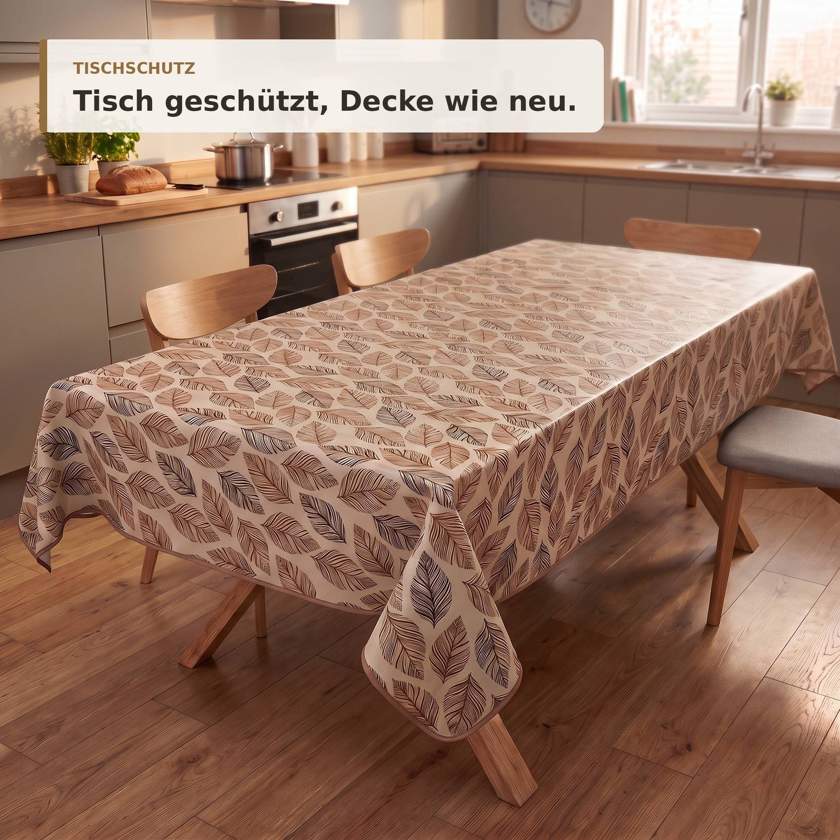 Küchentisch mit einer Tischdecke mit Blattmuster bedeckt; Banner liest „TISCHSCHUTZ" und „Tisch geschützt, Decke wie neu."