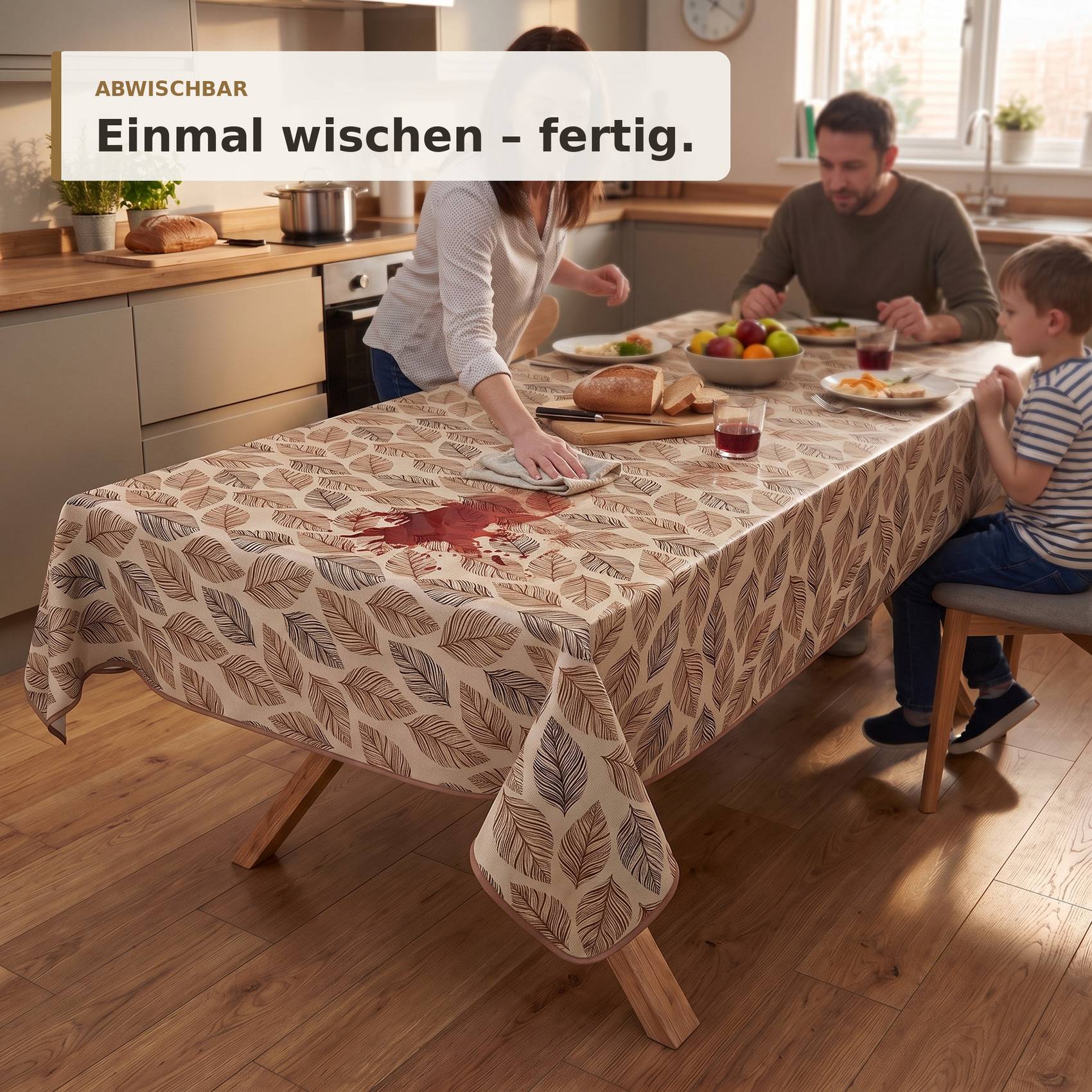 Familie an einem Esstisch, während ein Verschüttetes abgewischt wird; überlagernder Text liest sich „ABWISCHBAR" und „Einmal wischen - fertig."" und zeigt eine leicht zu reinigende Tischdecke an.