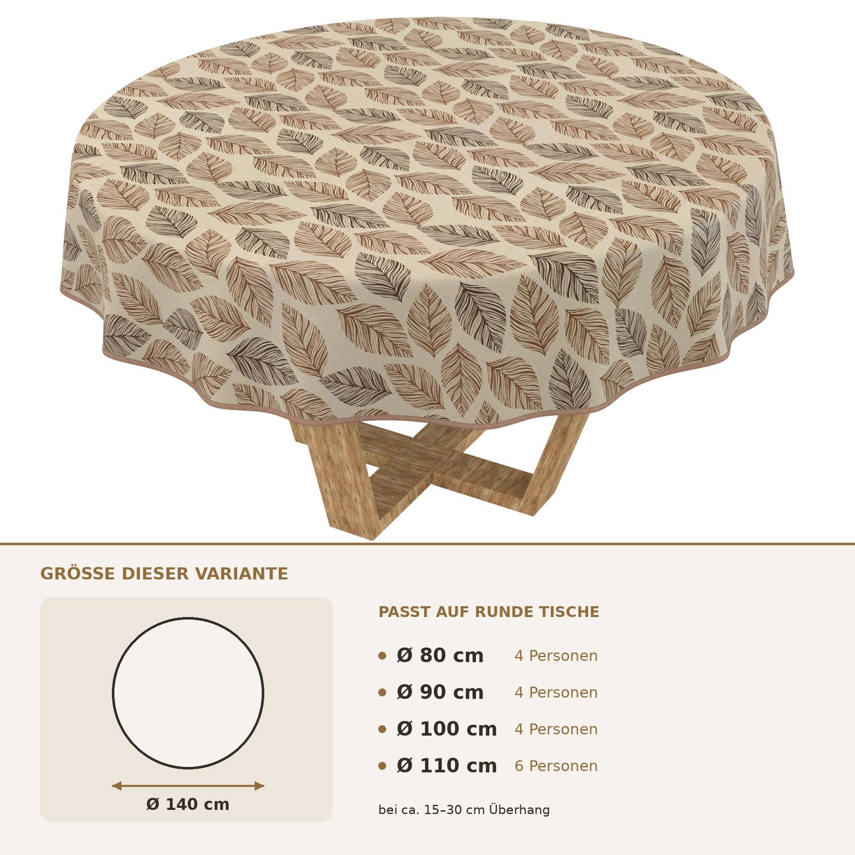 Rundes Tischtuch mit Blattmuster auf einem Tisch; die Größentabelle unten zeigt, dass es auf runde Tische mit 80, 90, 100 und 110 cm Durchmesser mit 15–30 cm Überstand passt.