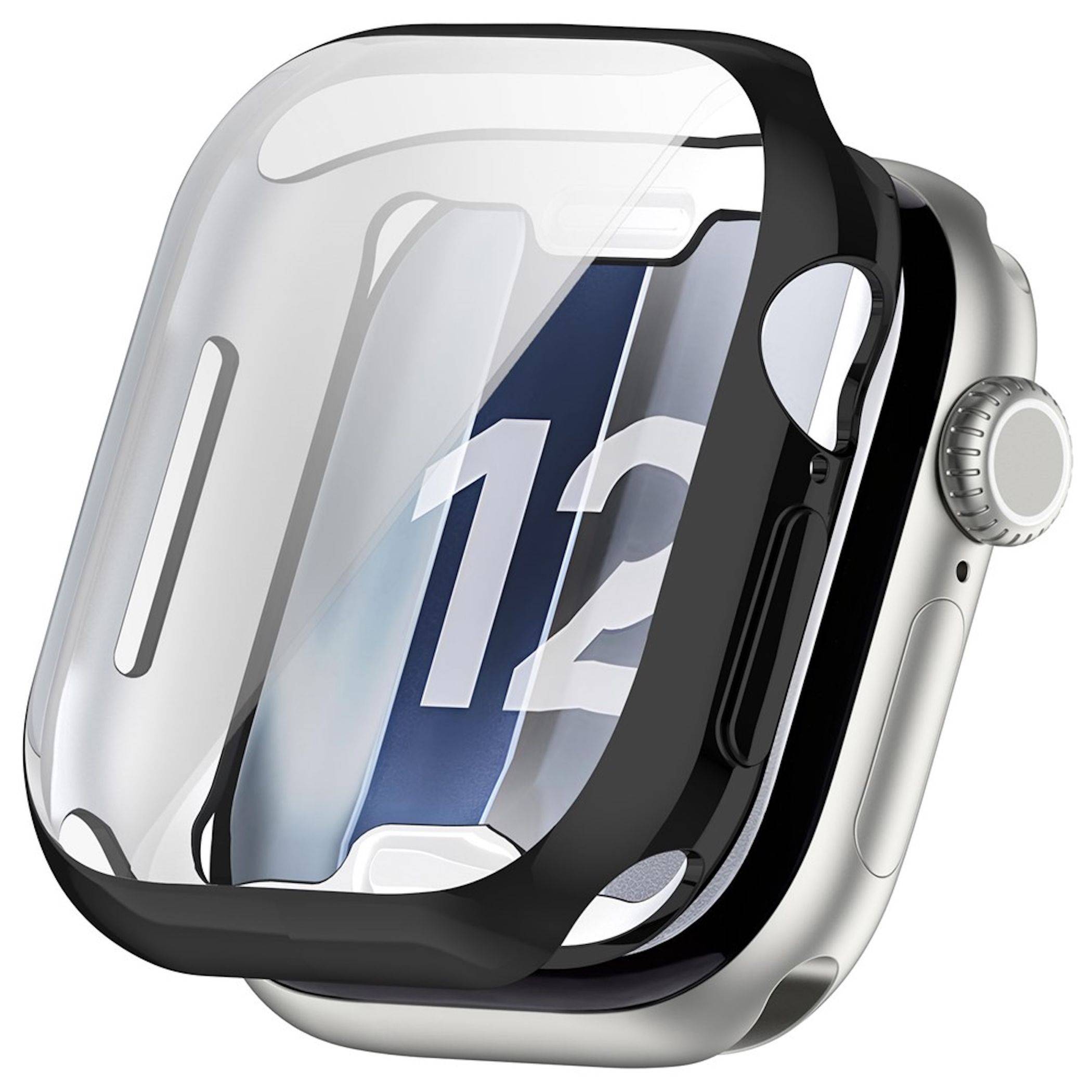 Apple Watch mit einer durchsichtigen Schutzhülle und Stoßfänger, in Seitenansicht dargestellt, wobei das digitale Display die Uhrzeit '12' anzeigt.