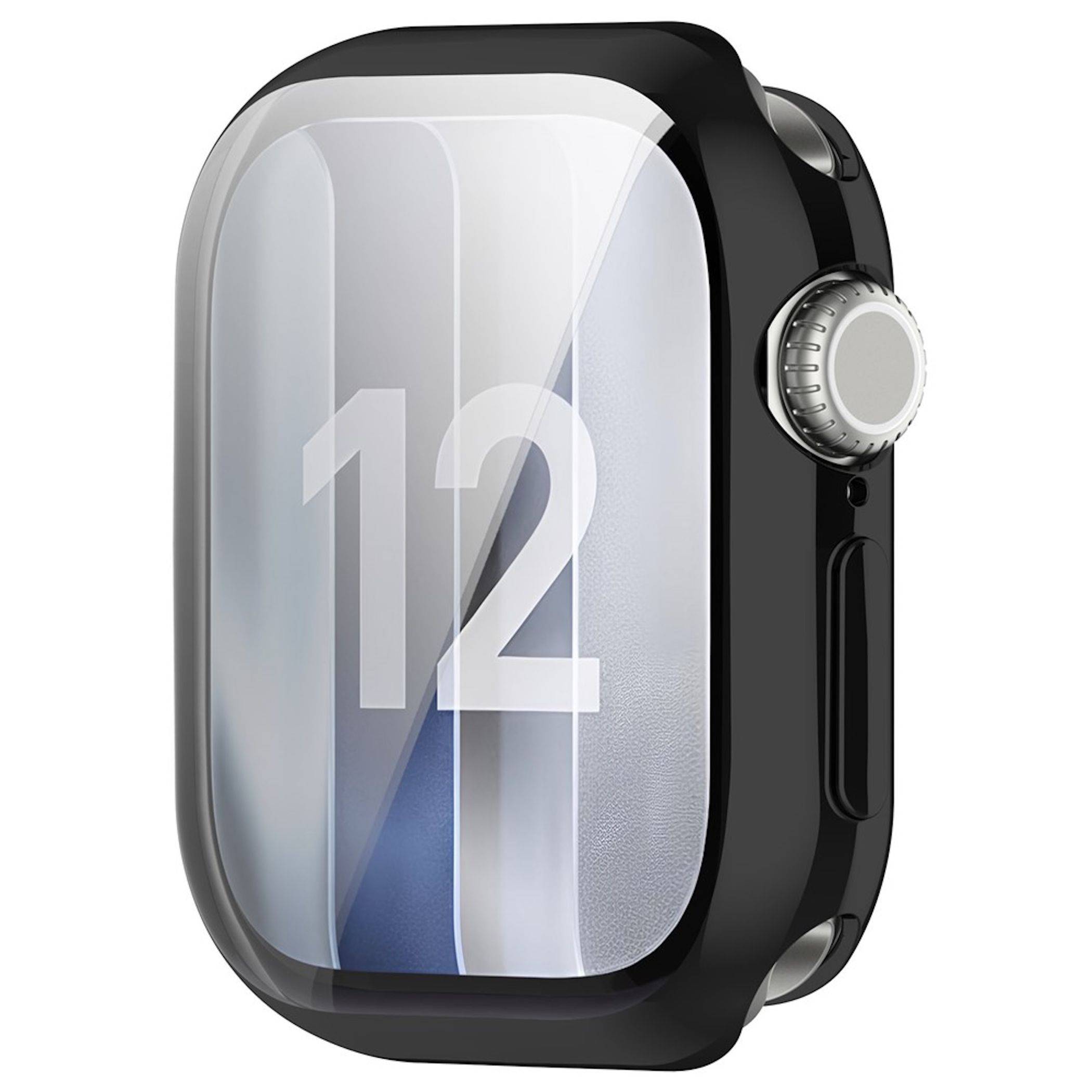 Schwarze Smartwatch mit glänzendem Display, auf dem "12"" angezeigt wird, und einer silbernen Krone auf der rechten Seite, vor einem weißen Hintergrund dargestellt.