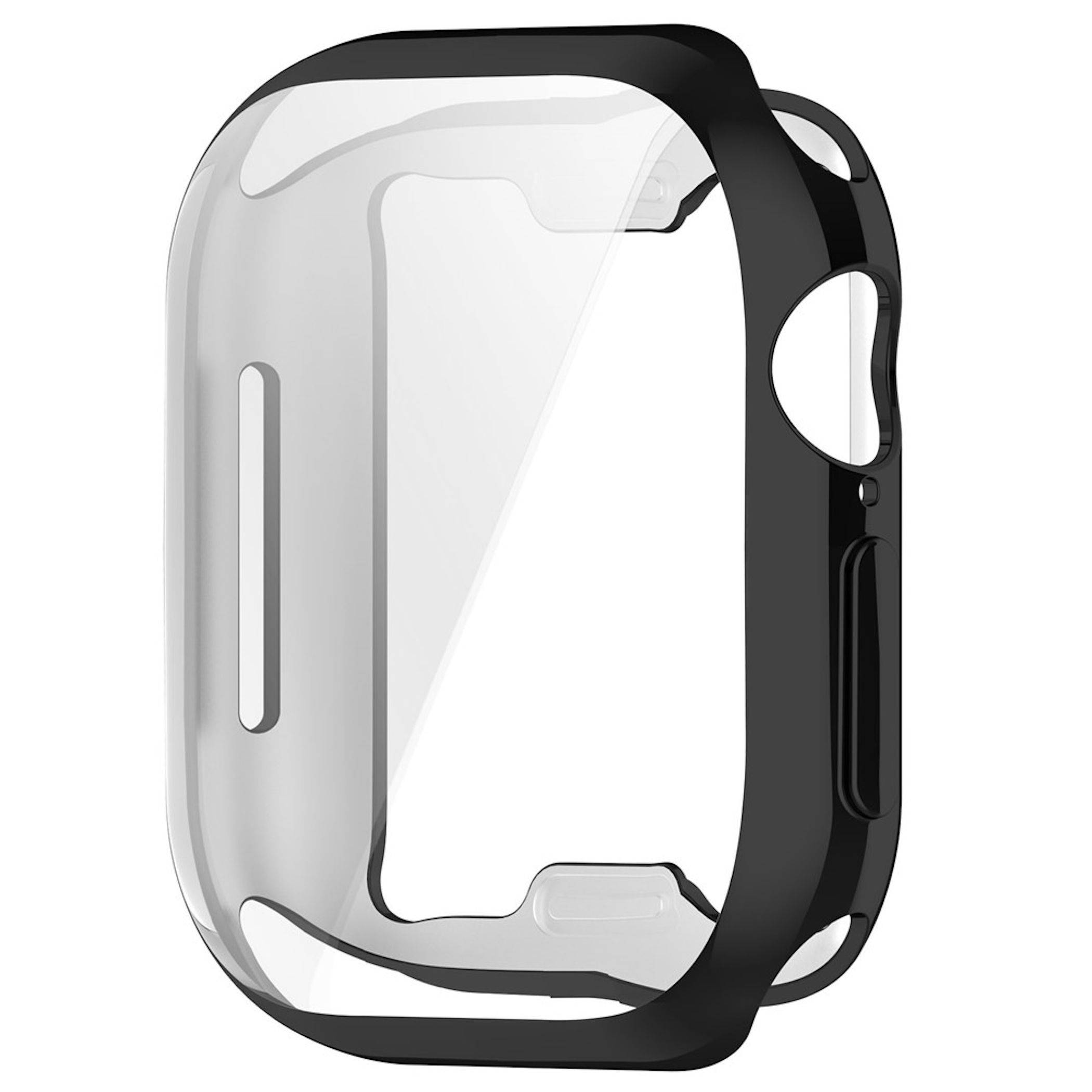 Durchsichtige Schutzhülle mit schwarzer Stoßstange für eine Smartwatch, auf weißem Hintergrund dargestellt.