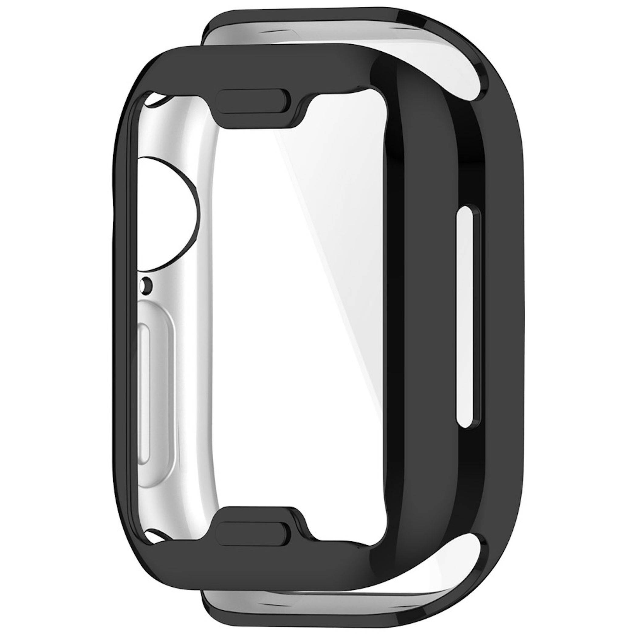 Schwarzes Schutzgehäuse für Smartwatch mit transparenter Vorderöffnung, dargestellt in Seitenansicht auf weißem Hintergrund.