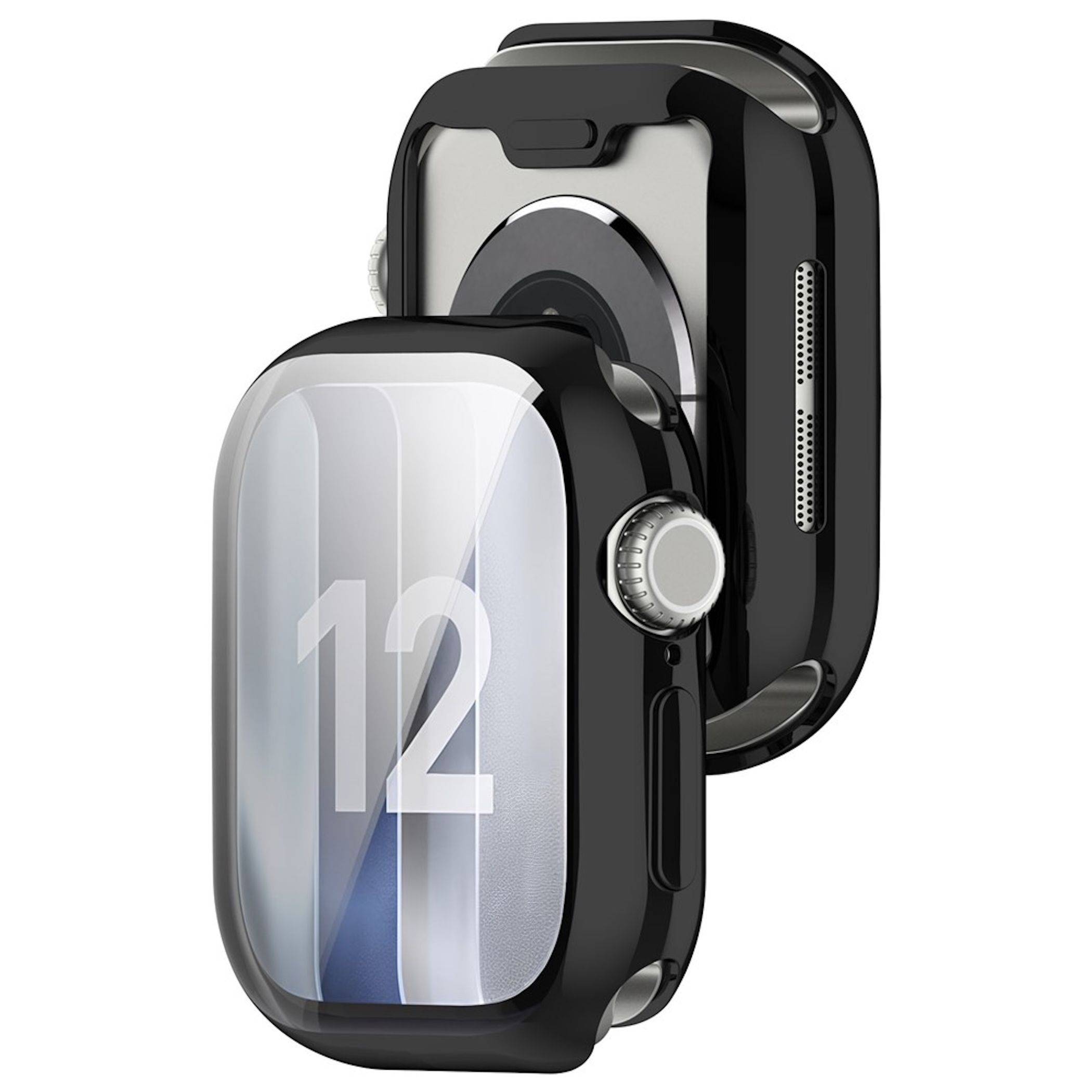 Zwei schwarze Apple-Watch-Gehäuse, von vorne und hinten gezeigt, mit klarem Schutzbildschirm und sichtbarer digitaler Krone.