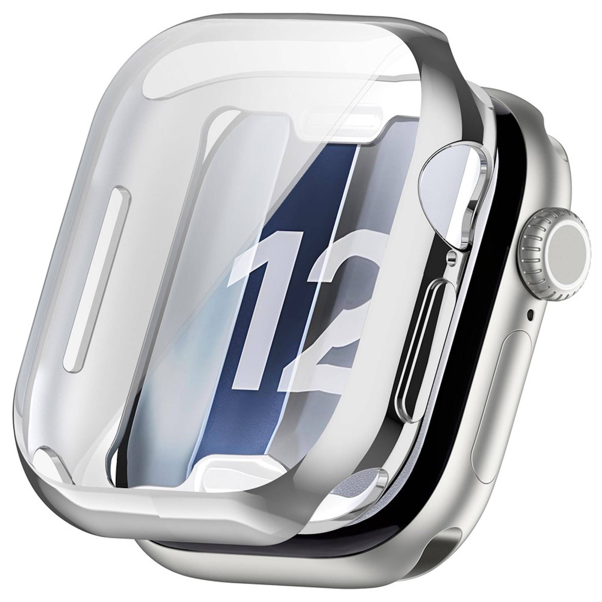 Transparente Schutzhülle auf einer Apple Watch, die das Zifferblatt mit der Nummer 12 zeigt.