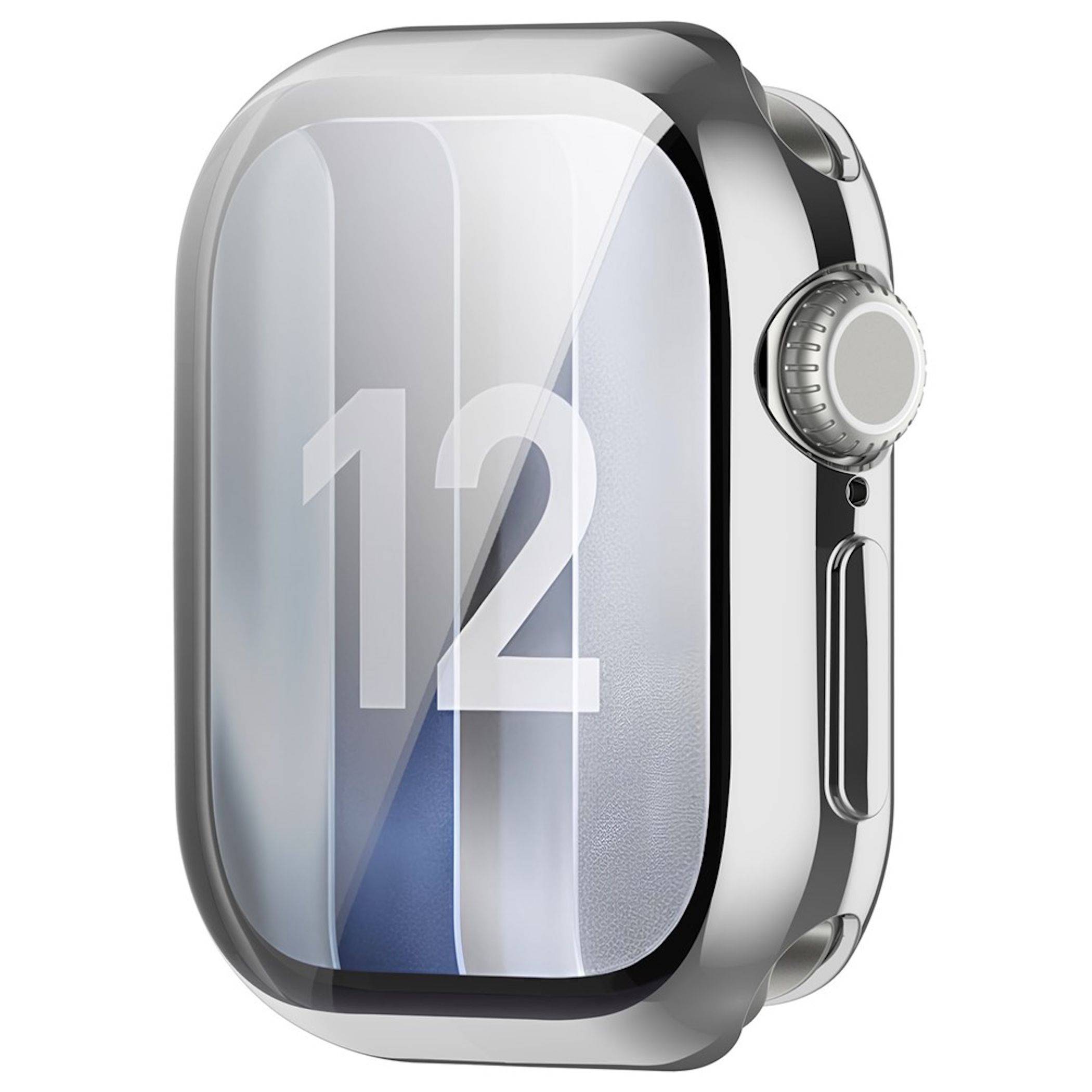 Nahaufnahme einer silbernen Smartwatch mit glänzendem rechteckigem Display, auf dem „12" angezeigt wird, und einer seitlichen Krone/einem Seitenschalter.