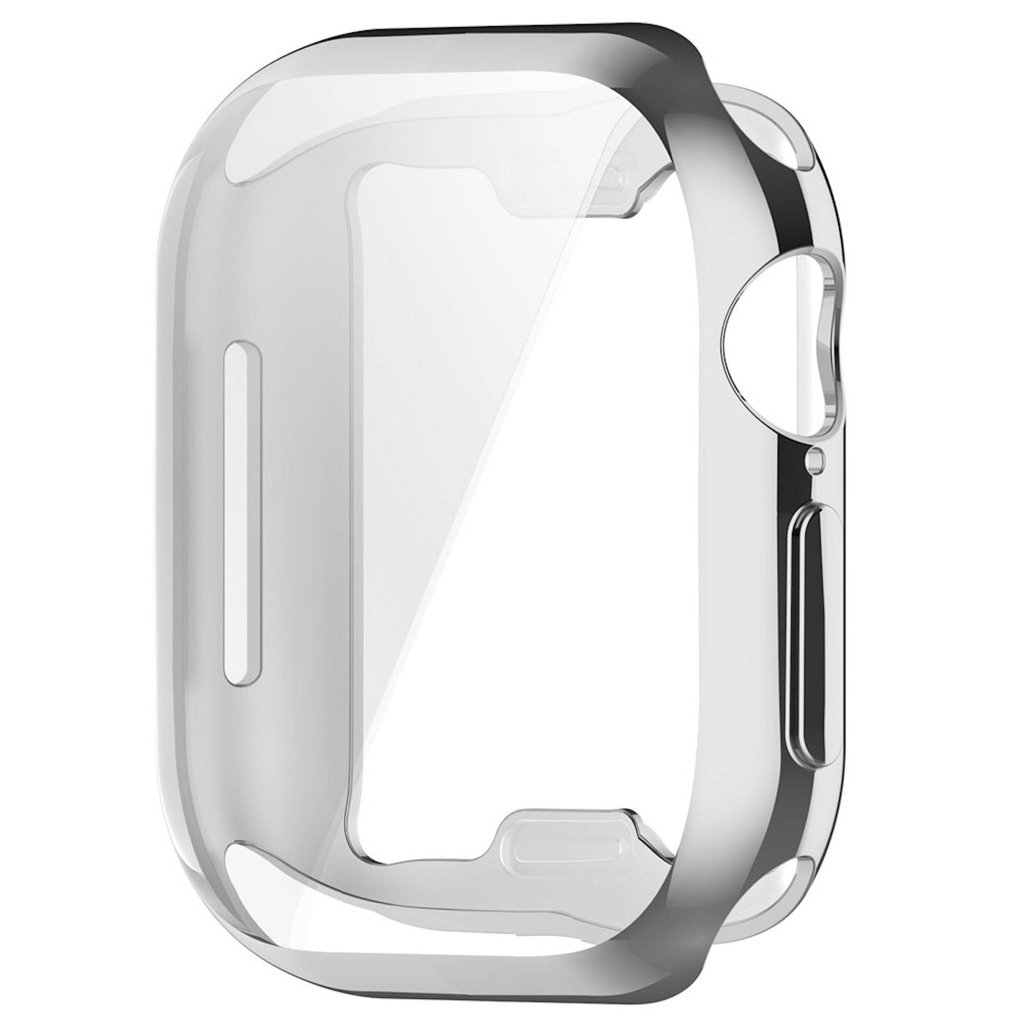 Transparente Schutzhülle für eine Smartwatch, dargestellt in einer Seitenansicht mit Aussparungen für die digitale Krone und die Seitentaste.