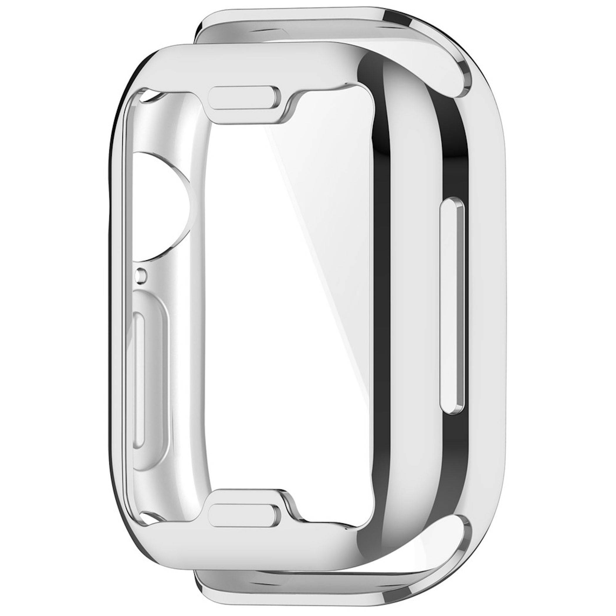 Eine glänzende silberne Apple-Watch-Schutzhülle oder ein Stoßschutz in Nahaufnahme auf weißem Hintergrund.