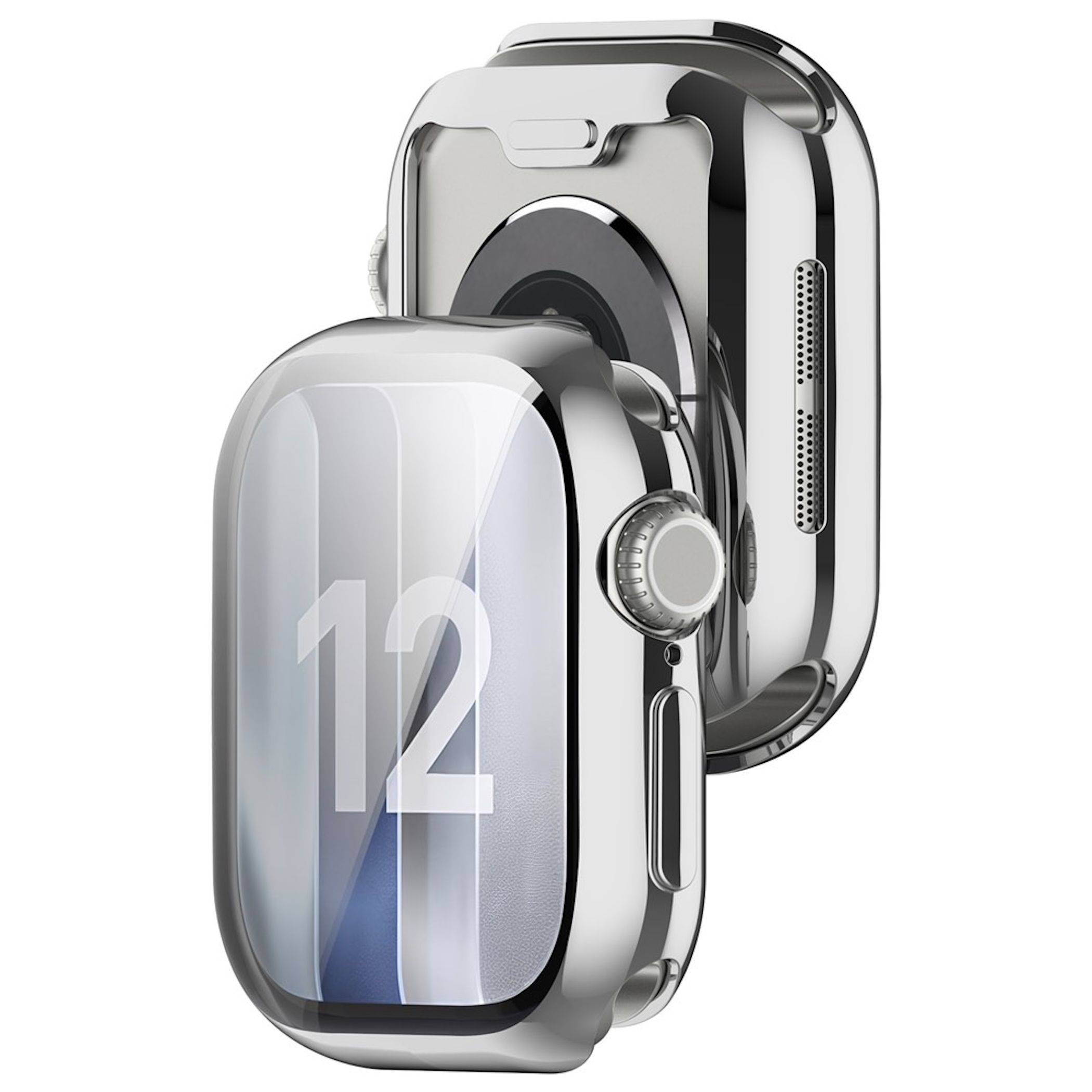 Zwei glänzende Apple Watch Ultra-Uhren im Stil, von vorne und hinten gezeigt, wobei die digitale Krone, die Seitentaste und das Sprechergehäuse hervorgehoben werden.