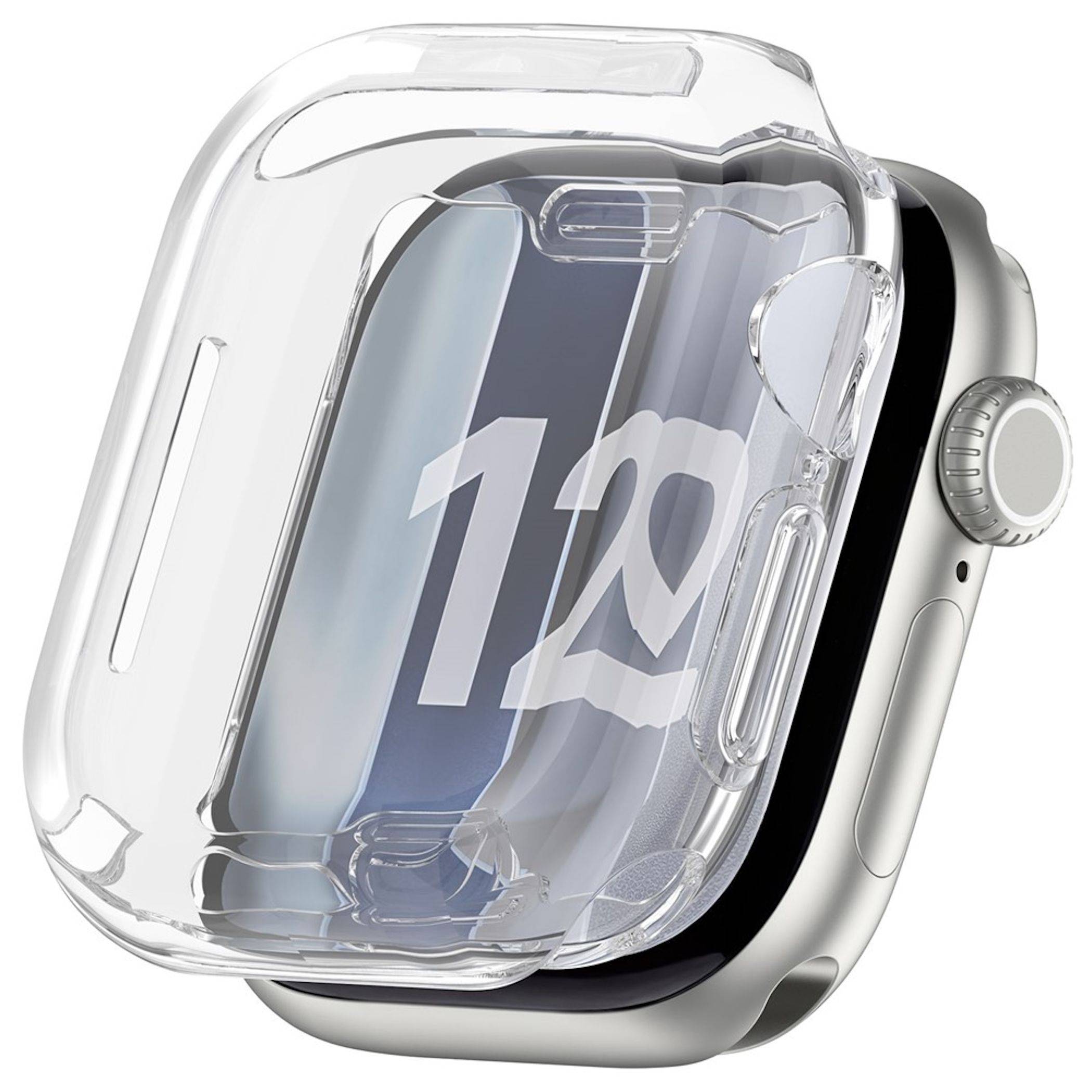 Transparente Schutzhülle auf einer Apple Watch mit Zifferblatt „12