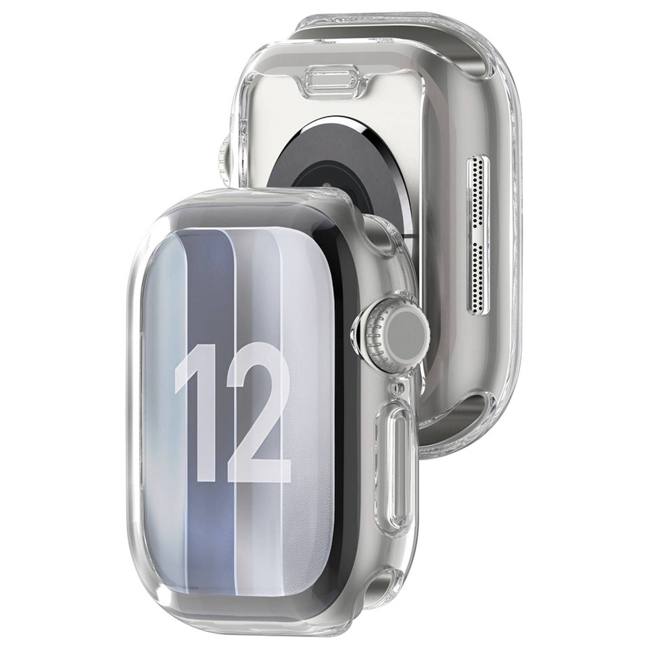 Zwei silberne Smartwatch-Gehäuse, die in einer 3D-Produktdarstellung gezeigt werden, eines frontal ausgerichtet mit einer großen „12" auf dem Display und eines dahinter in einem Winkel positioniert.