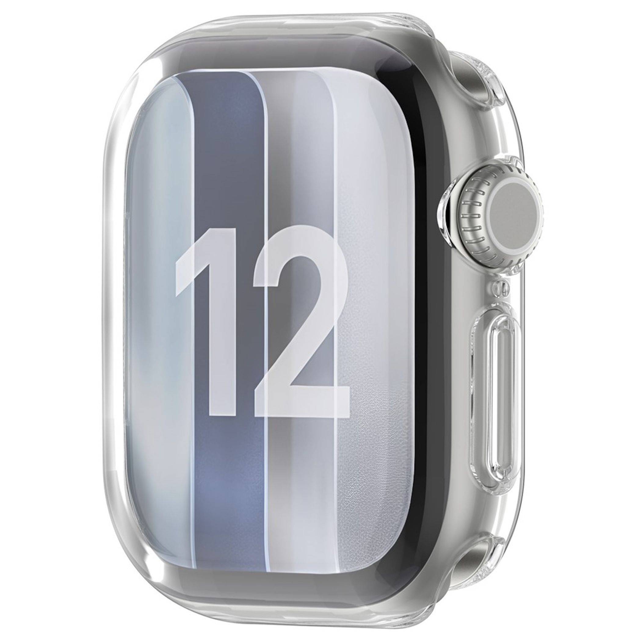 Apple Watch mit einer transparenten Schutzhülle, von der Seite gezeigt, mit der Ziffer „12" auf dem Bildschirm.