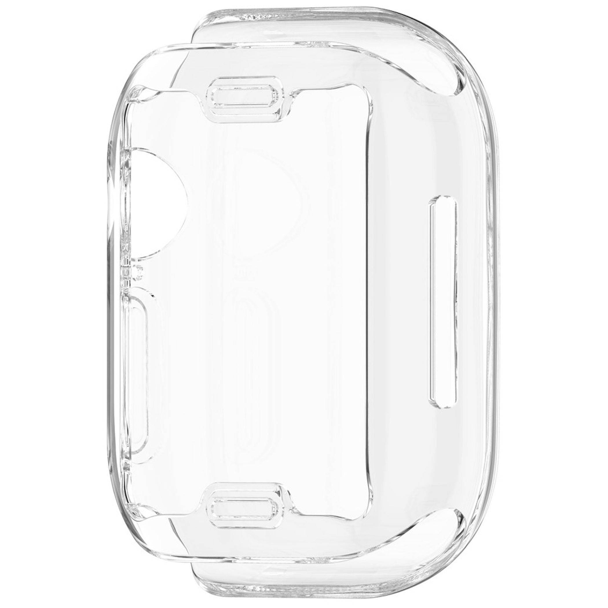 Transparentes durchsichtiges Schutzetui für eine Smartwatch, Vorderansicht auf weißem Hintergrund dargestellt.