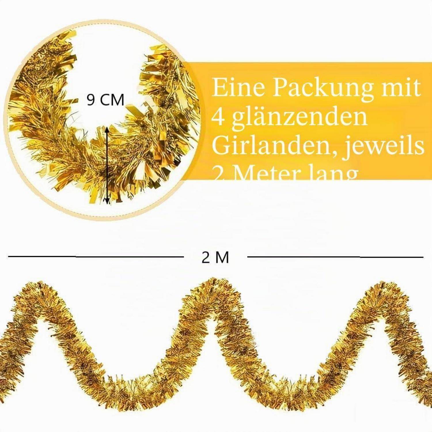 Produktbild mit vier goldenen Lamettagirlanden, jeweils 2 Meter lang und 9 cm breit, mit deutschem Text, der besagt: "Eine Packung mit 4 glänzenden Girlanden, jeweils 2 Meter lang"".