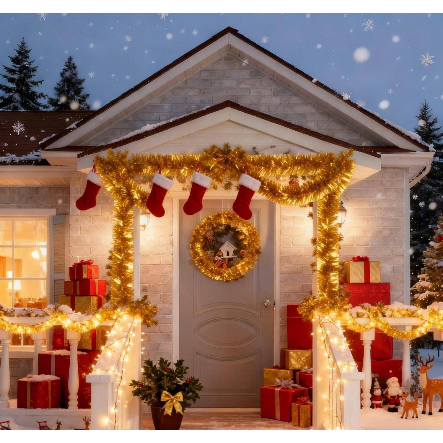 Schneebedeckte Hausfront, die für Weihnachten mit goldenen Girlanden, einem Kranz, Strümpfen, Lichtern und Geschenkboxen auf der Veranda dekoriert ist.