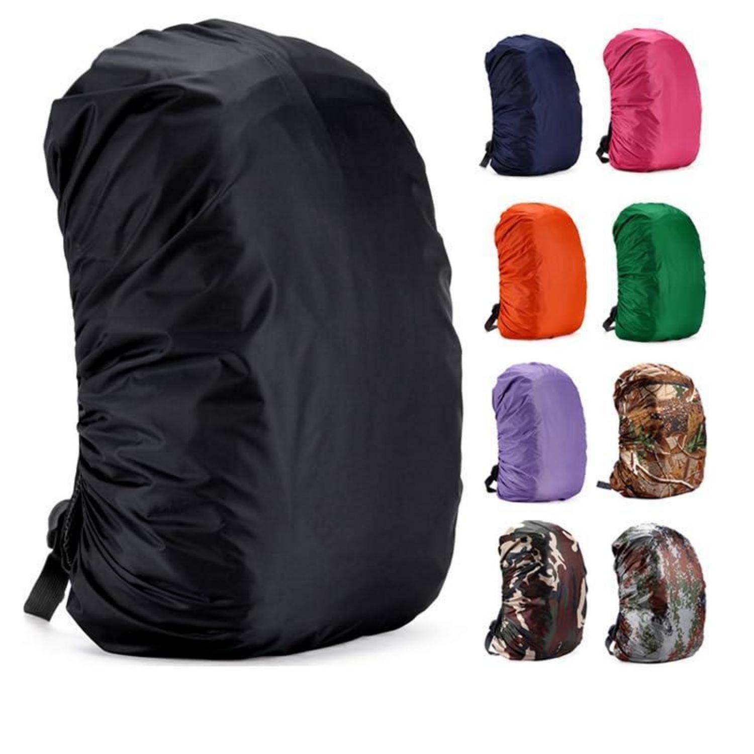 Schwarzer Rucksack-Regenschutz neben sieben Farb-/Musteroptionen: Marineblau, Rosa, Orange, Grün, Lila, Tarnung und Schwarz-Weiß-Tarnung.