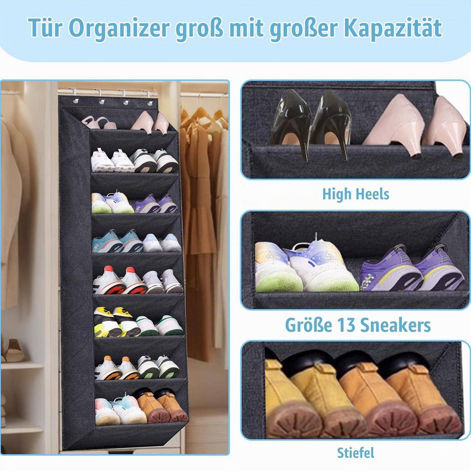 Produktbild eines großen hängenden Türschuhorters mit mehreren Regalen, auf denen hochhackige Schuhe, Turnschuhe und Stiefel aufbewahrt sind; deutscher Text besagt „Tür Organizer groß mit großer Kapazität".
