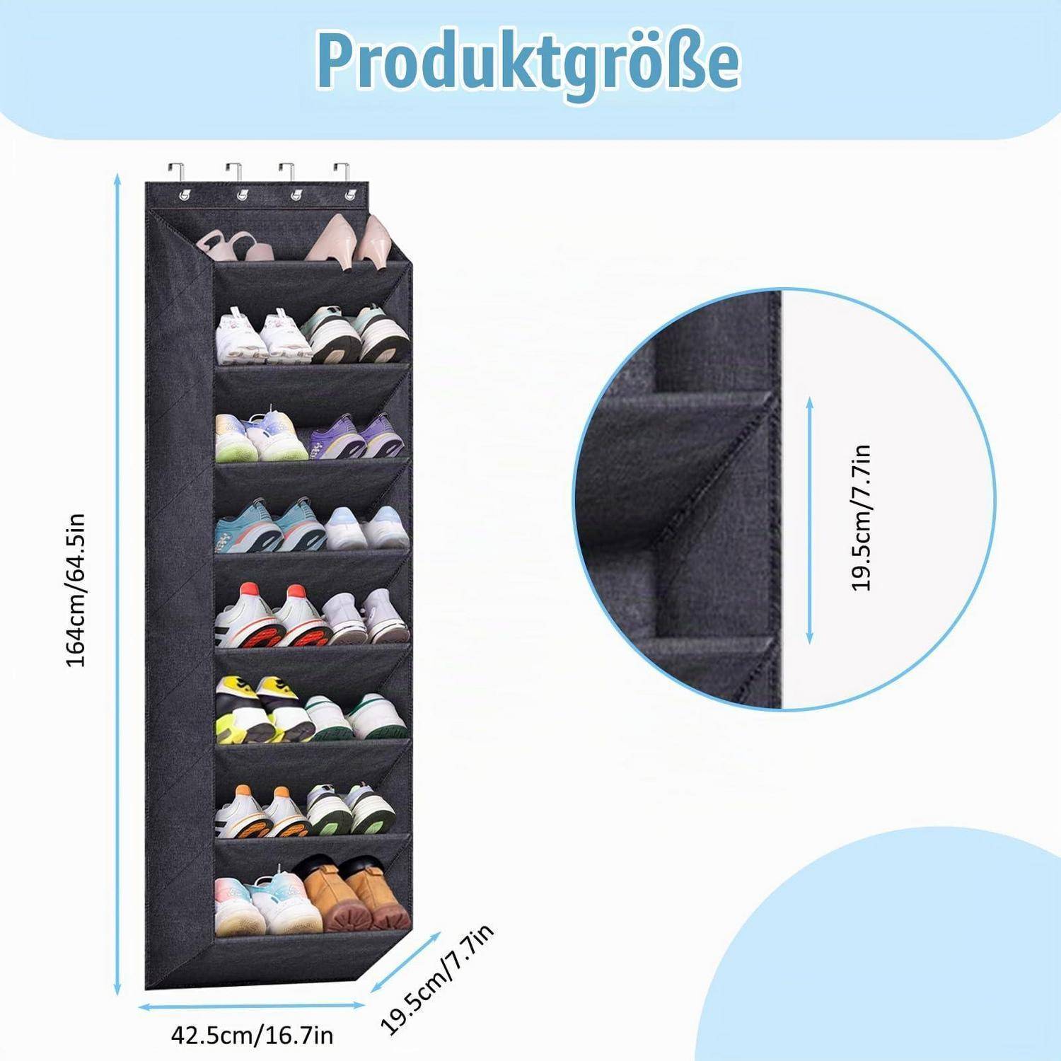 Produktgrößen-Diagramm für einen zum Aufhängen bestimmten Schuhorganizer mit den Abmessungen 146 cm Höhe, 42,5 cm Breite und 19,5 cm Tiefe.