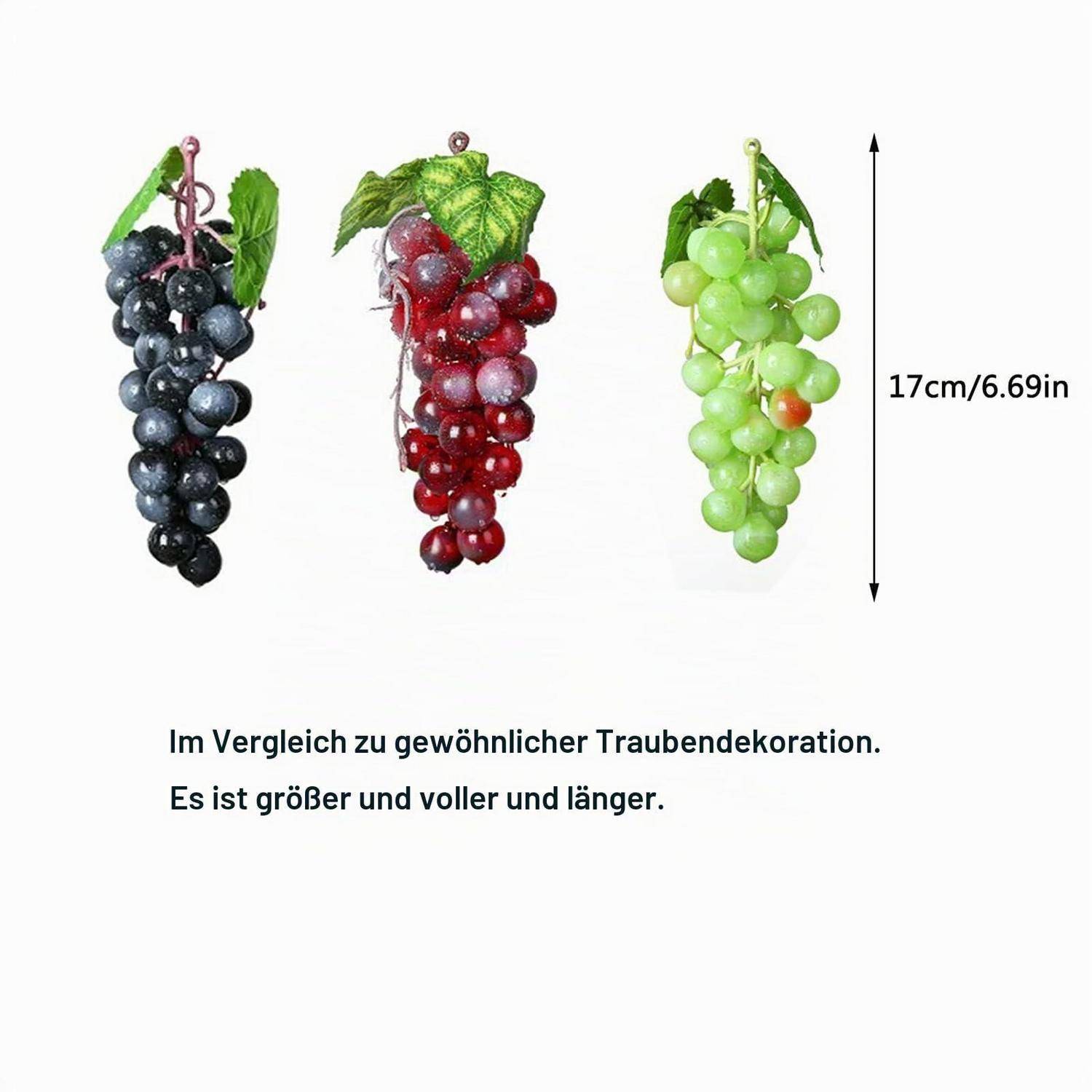 Drei künstliche Traubenbündel in Schwarz, Rot und Grün, gezeigt mit Blättern; die Höhe ist mit 17 cm/6,69 Zoll gekennzeichnet und der deutsche Text besagt, dass sie größer, voller und länger sind als typische Traubendekoration.