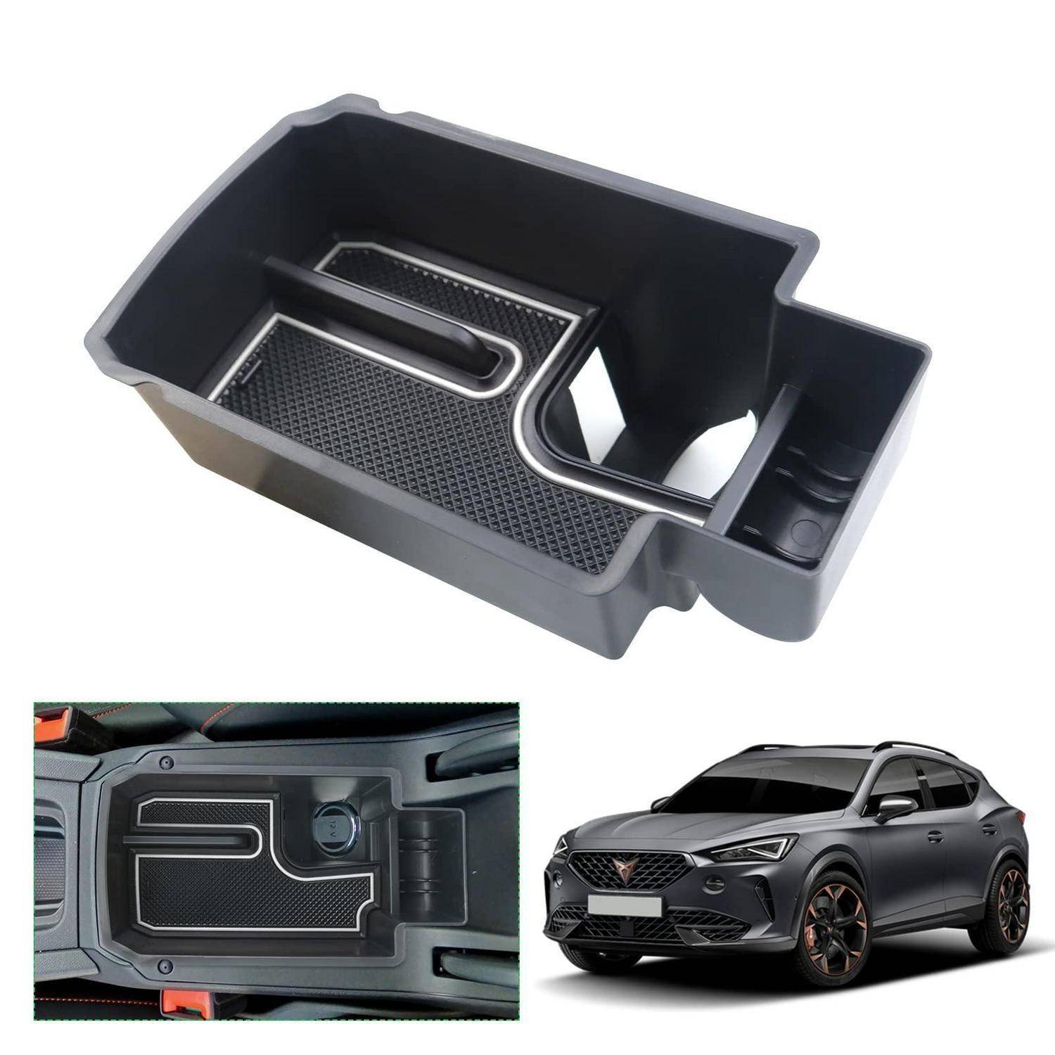 Speicherablage in der Mittelkonsole des Autos mit Gummimatte und Getränkehalter, gezeigt mit Installationsbeispielen in einem Fahrzeug und SUV-Kontext.