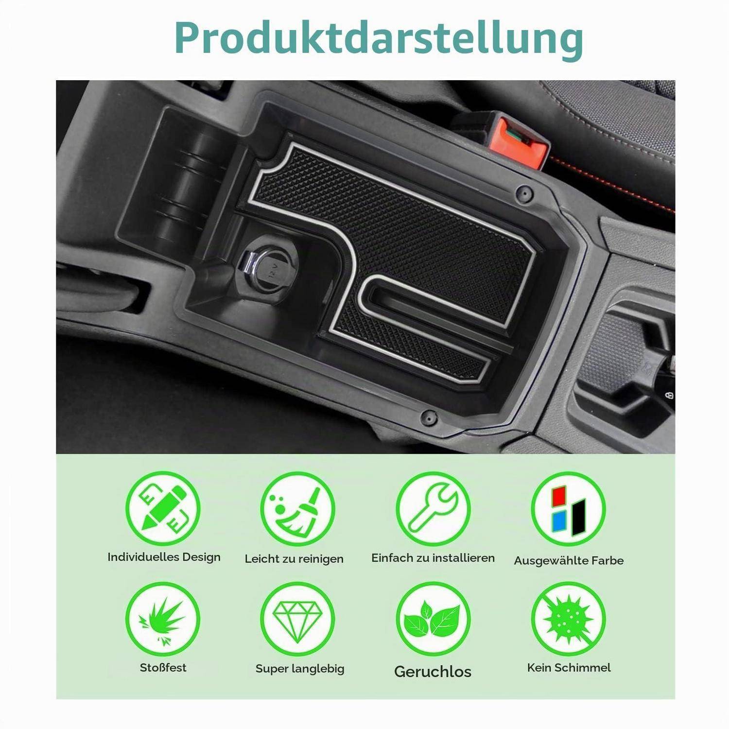 Produktanzeige eines maßgeschneiderten Autoinnenraum-Lagereinsatzes mit Symbolen, die individuelle Gestaltung, einfache Reinigung, unkomplizierte Installation, gewählte Farbe, Stoßfestigkeit, Langlebigkeit, Geruchlosigkeit und Schimmelresistenz hervorheben.