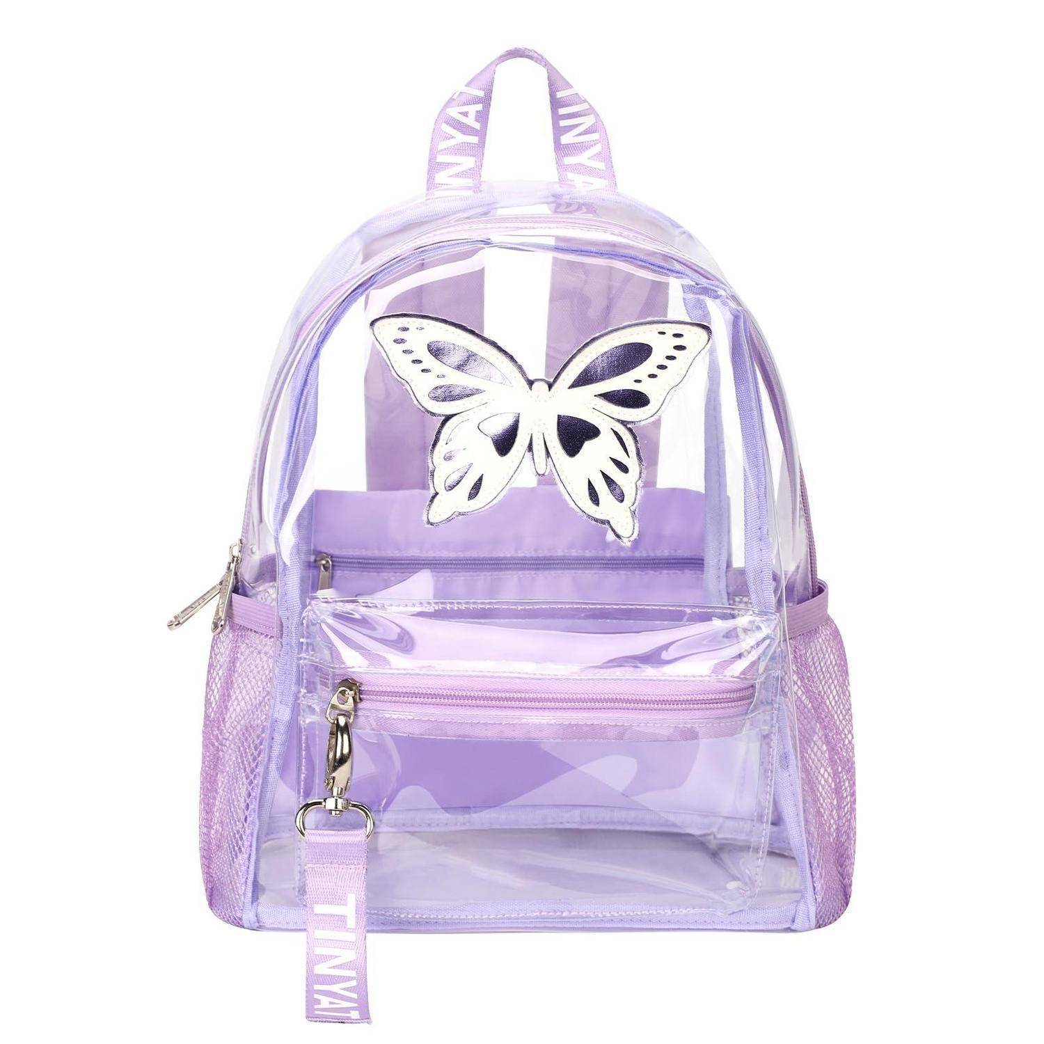 Transparenter Lavendelrucksack mit Schmetterlingsdekor, Reißverschlusstaschen an der Vorderseite, Netztaschen an den Seiten und obenerem Tragegriff.
