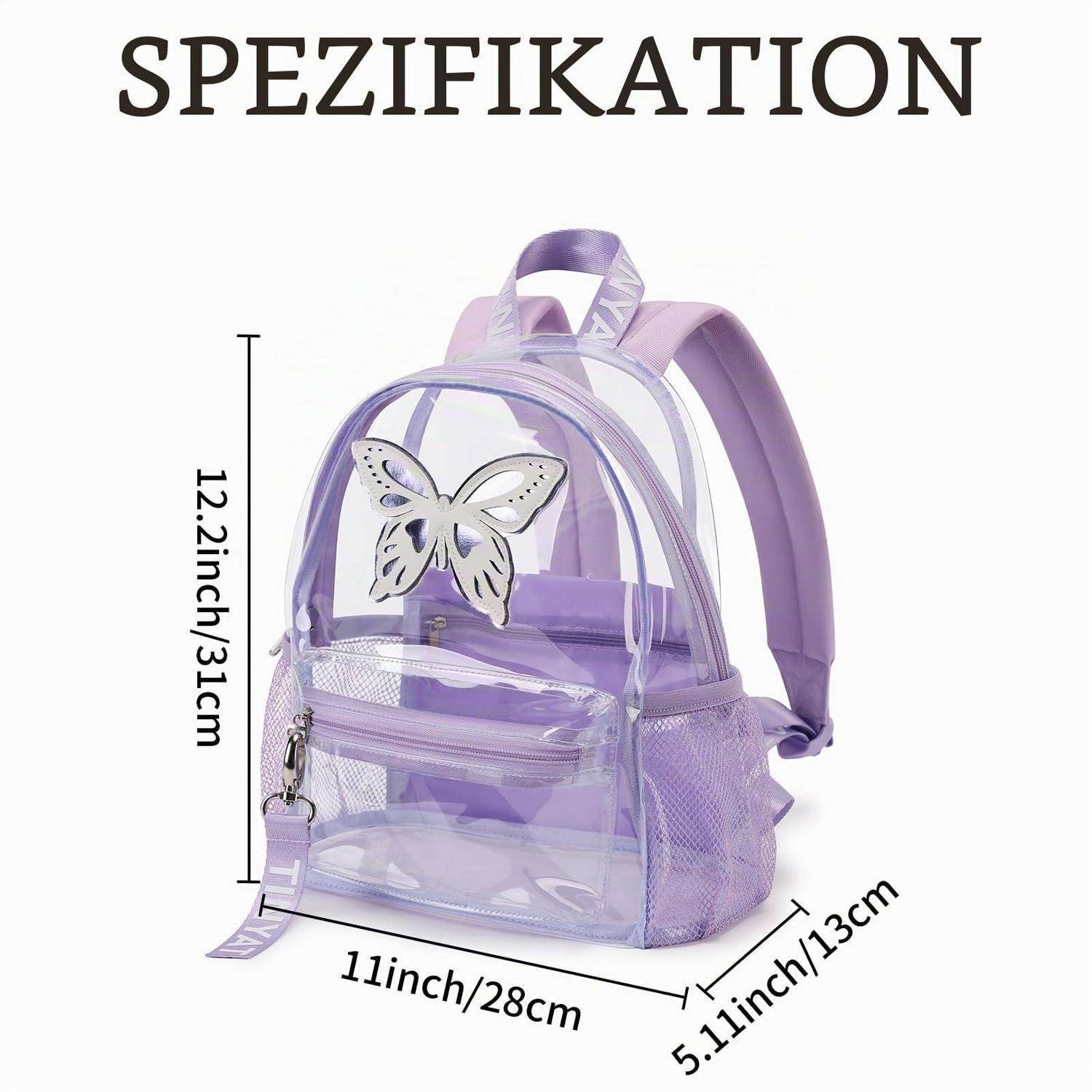 Transparenter violetter Schmetterlingsrucksack Produktbild mit Abmessungen: 12,2 Zoll/31 cm Höhe, 11 Zoll/28 cm Breite, 5,11 Zoll/13 cm Tiefe.