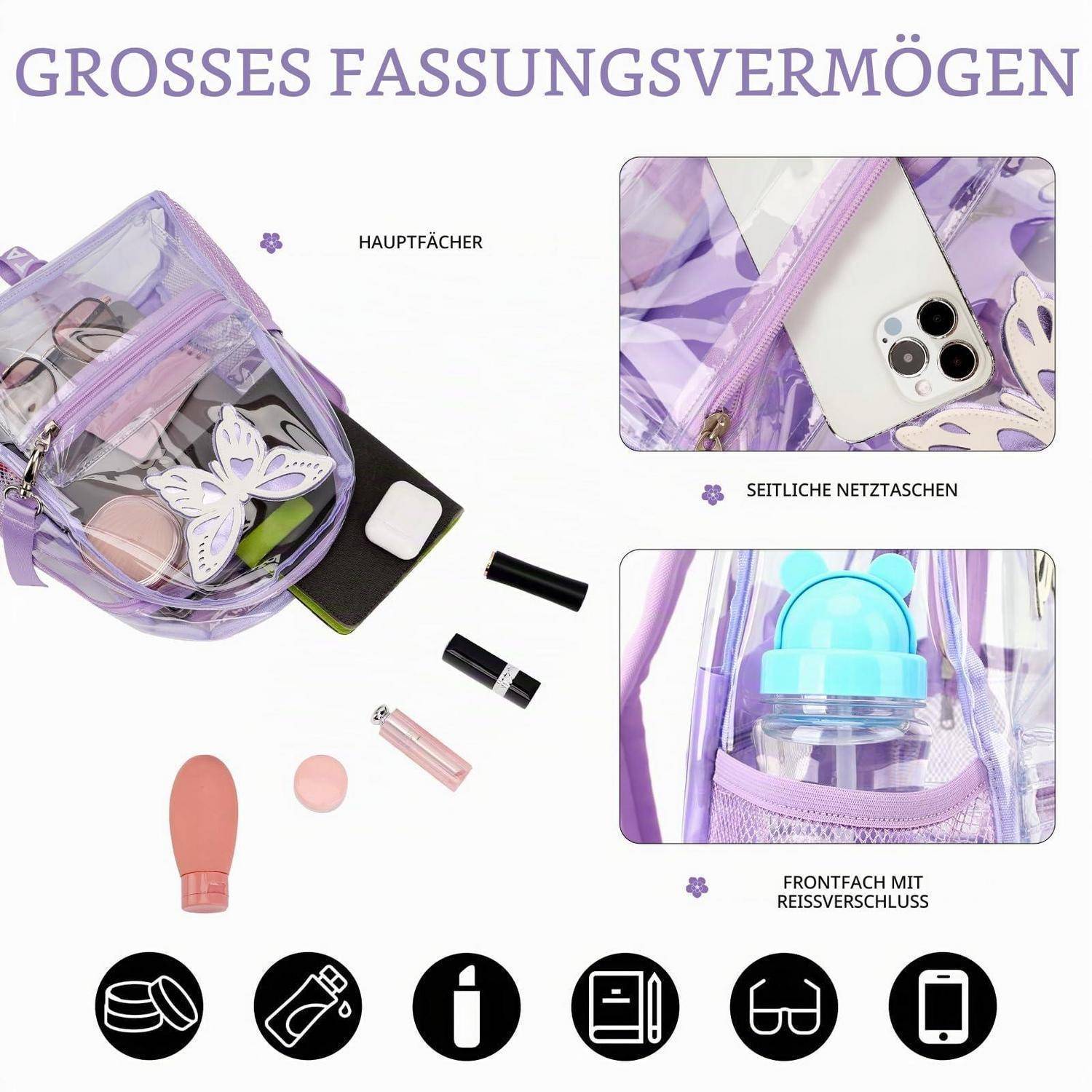 Violette durchsichtige Kulturtasche mit großem Fassungsvermögen, zeigt Hauptfach, seitliche Netztaschen und vordere Reißverschlusstasche; fasst Telefon und Kosmetik.