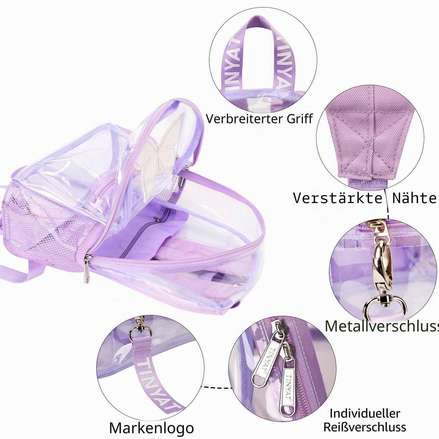 Lavendelroter transparenter Rucksack, geöffnet dargestellt, mit Beschriftungen, die verbreiterte Griffe, verstärkte Nähte, Metallreißverschluss, Markenlogo und anpassbaren Reißverschlusszieher hervorheben.