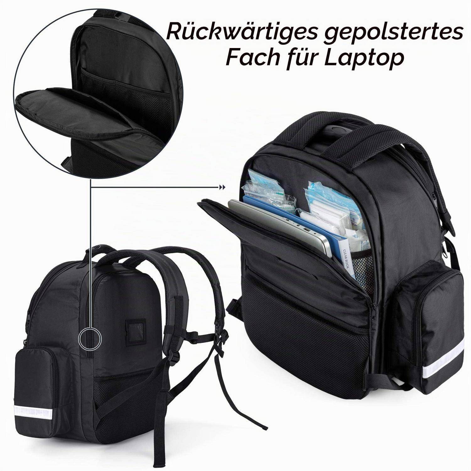 Schwarzer Rucksack mit gepolstertem Laptop-Fach auf der Rückseite; die Detailansicht und Hauptansicht zeigen das Reißverschluss-Laptop-Fach und die vorderen Aufbewahrungstaschen.