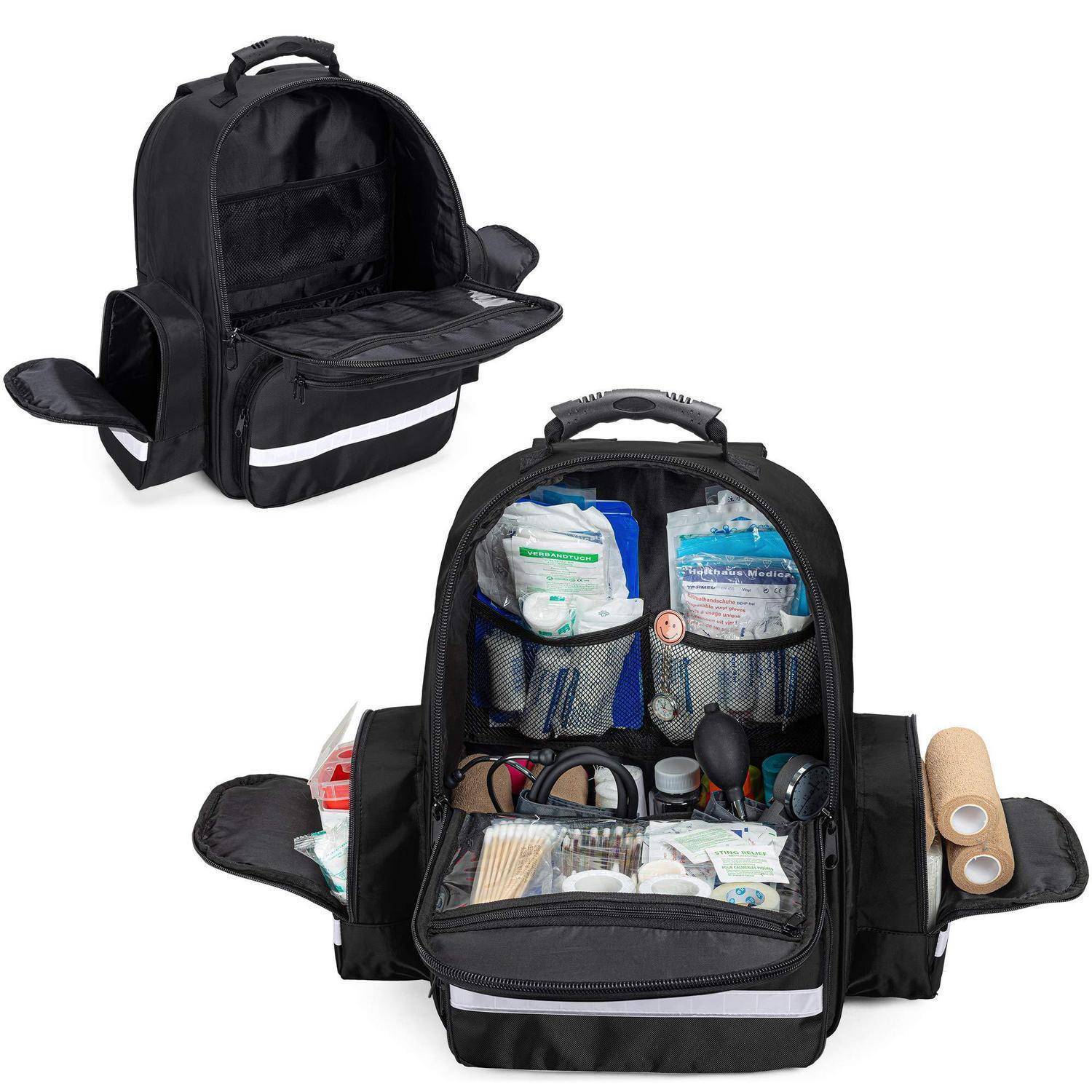 Schwarzer Notfall-Rucksack geöffnet mit organisierten Erste-Hilfe-Materialien, mit Außen- und Innenansichten auf weißem Hintergrund.