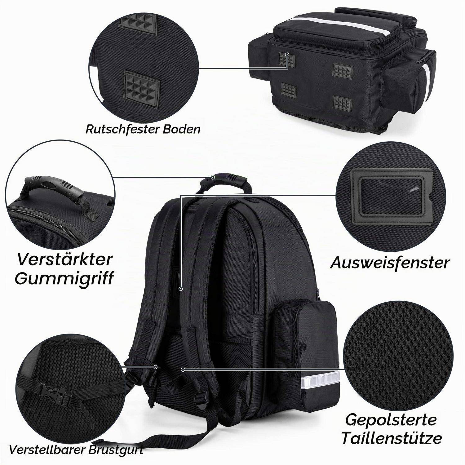 Schwarzer Rucksack mit deutschen Beschriftungen, die die rutschfeste Basis, verstärkten Gummigriff, ID-Fenster, verstellbaren Brustgurt und gepolsterte Taillenstütze hervorheben.