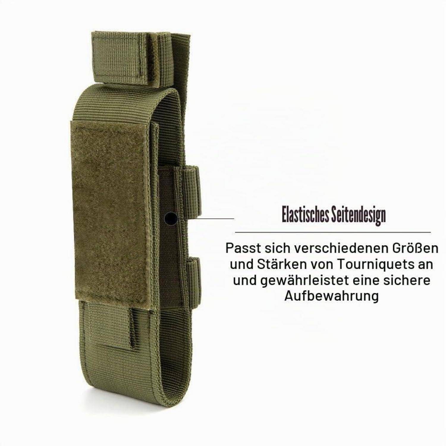 Olivgrüne taktische Tourniquet-Tasche mit elastischem Seitendesign, abgebildet neben deutschem Text, der besagt, dass sie verschiedene Tourniquet-Größen passt und sichere Aufbewahrung gewährleistet.