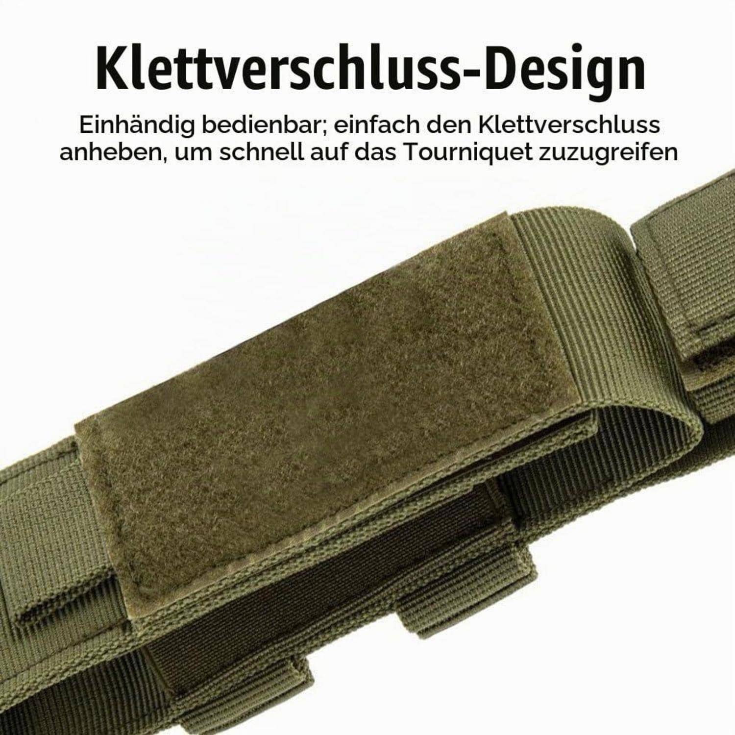 Bild eines grünen taktischen Gurtes mit Klettverschluss, gekennzeichnet mit 'Klettverschluss-Design', das ein einhändiges Schnellverschluss-Drehkranich-Zugriffsdesign zeigt.