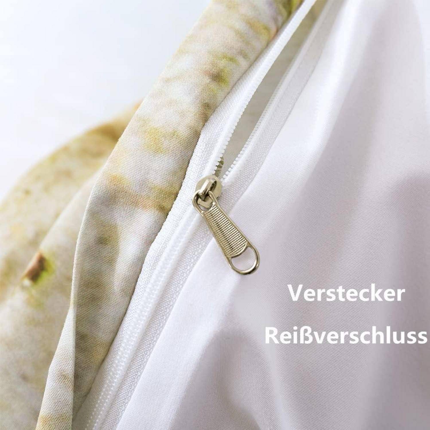 Nahaufnahme eines versteckten Reißverschlusses auf einer weißen Stoffhülle, mit dem Wort „Versteckter Reißverschluss" zur Kennzeichnung des verborgenen Verschlusses.