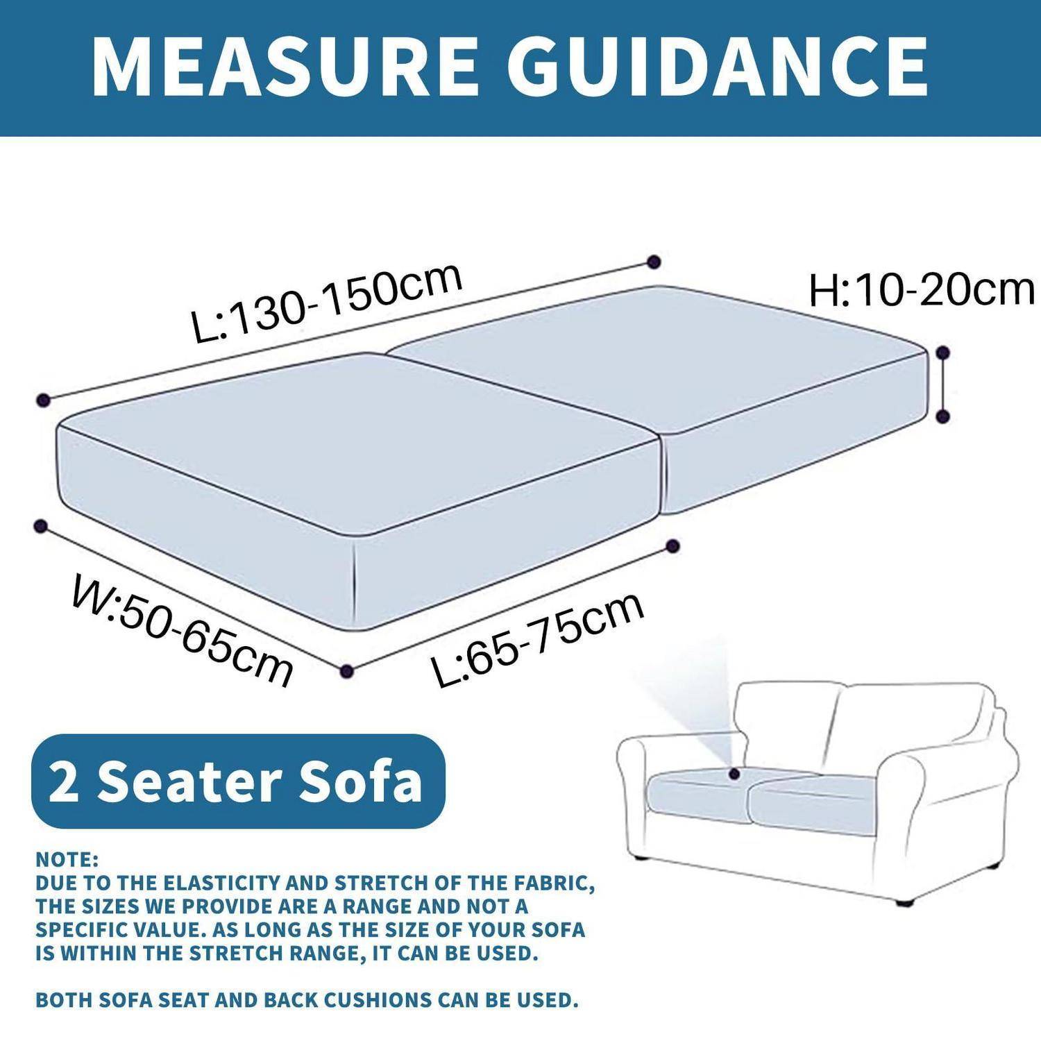 Messleitfaden für einen 2-Sitzer-Sofabezug: passt auf Sofas etwa 130-150 cm lang, 65-75 cm breit und 10-20 cm hoch; Sitz- und Rückenkissen sind enthalten.