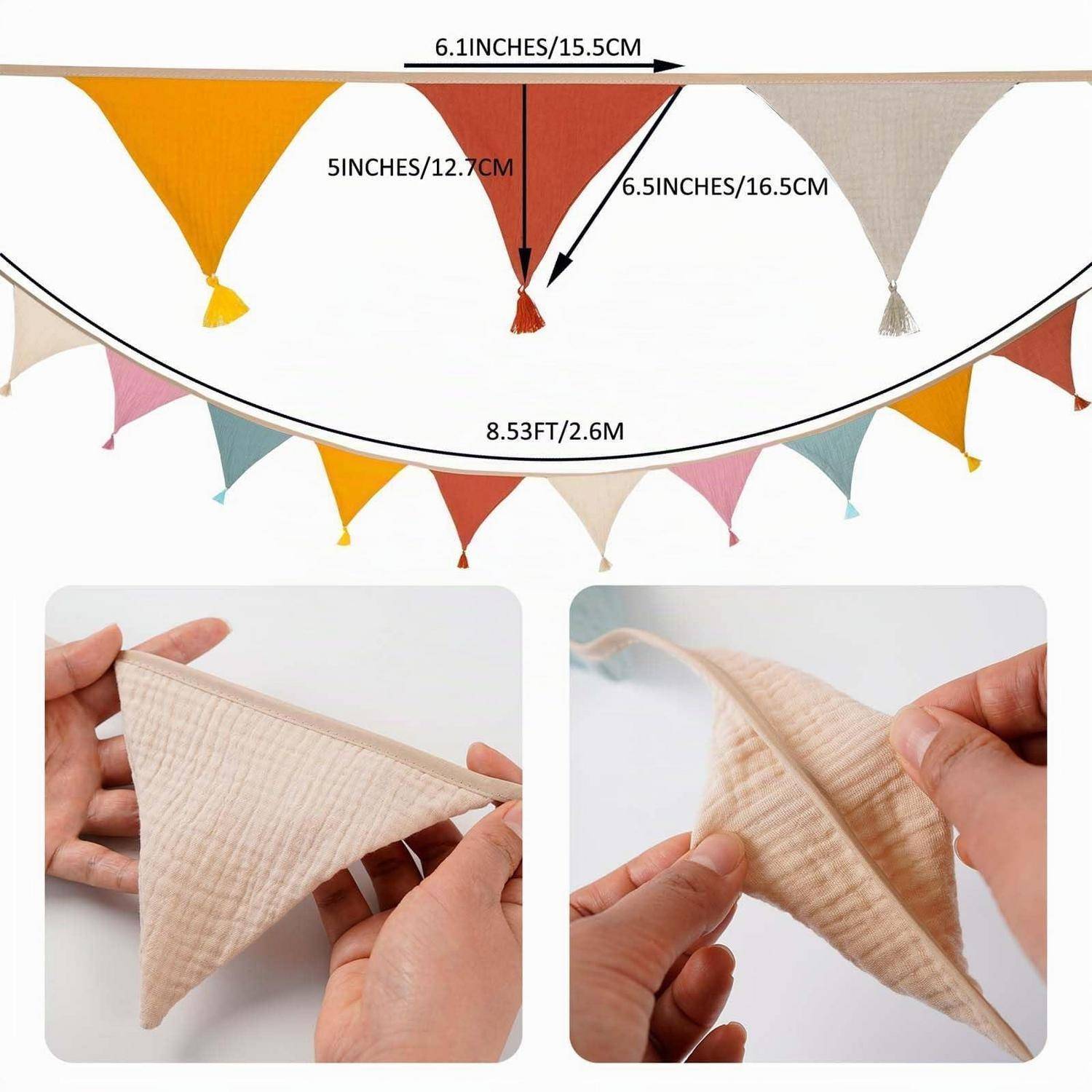Produktabbildung einer pastellfarbenen Wimpelkette aus Dreiecken mit Quasten, die Größenangaben und Nahaufnahmen der Stofftextur und Flexibilität zeigt.