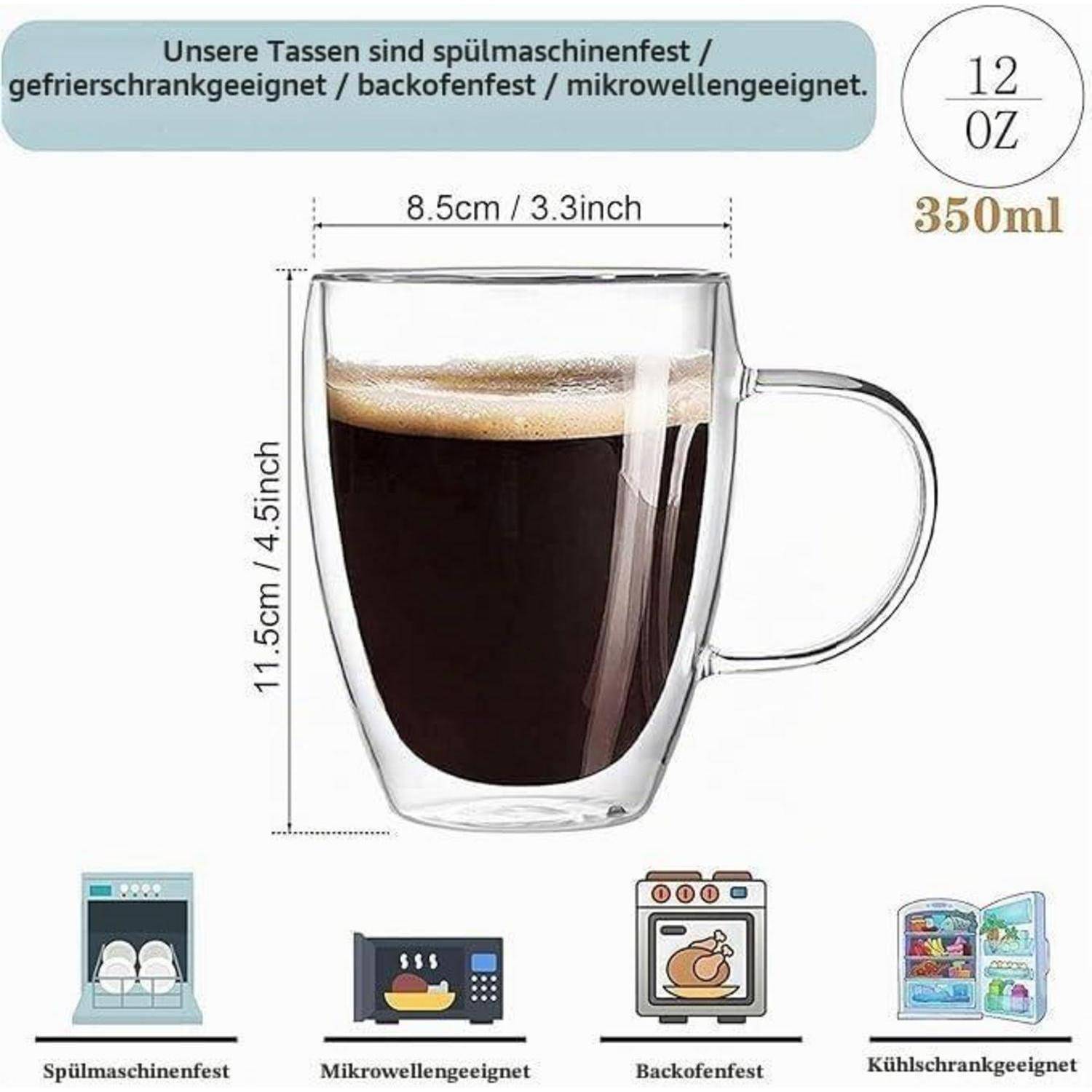 Doppelwandige durchsichtige Glaskaffeetasse, 350 ml/12 oz, mit Abmessungen und Kennzeichnungen, die anzeigen, dass sie spülmaschinen-, mikrowellen-, ofen- und gefrierschrankfest ist.