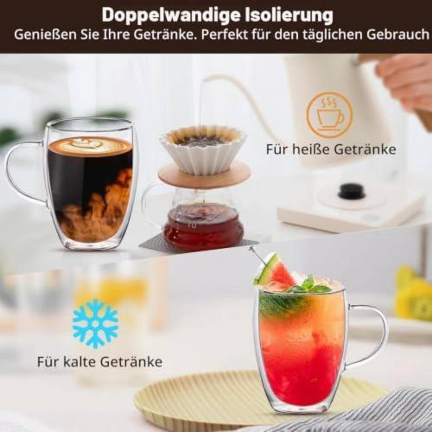 Anzeige für doppelwandige isolierte Glastassen für heiße und kalte Getränke, mit deutschem Text „Doppelwandige Isolierung" und Beschriftungen „Für heiße Getränke"" und „Für kalte Getränke"".