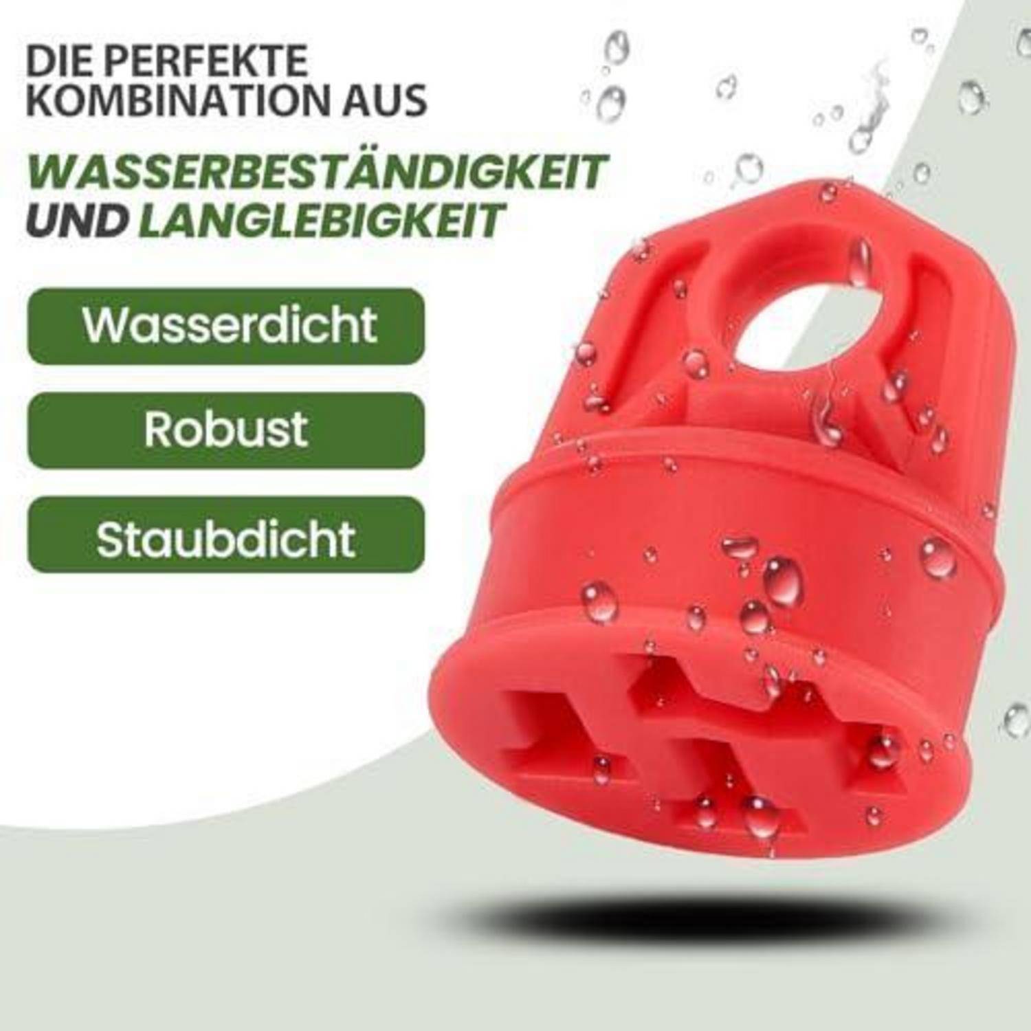 Rote wasserdichte, langlebige, staubdichte Steckerkappe, dargestellt mit Wassertropfen; deutscher Text bewirbt „die perfekte Kombination aus Wasserbeständigkeit und Langlebigkeit".