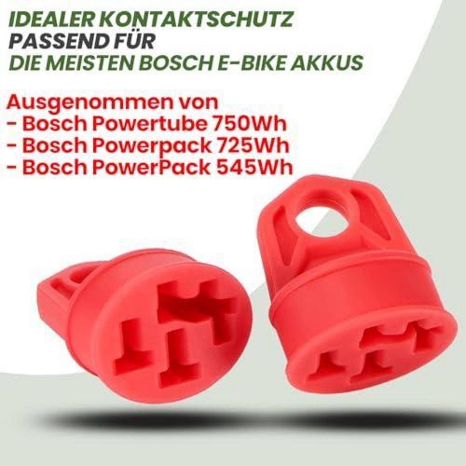 Rote Kontaktabdeckungen für Bosch E-Bike-Akkus, gekennzeichnet als idealer Schutz für die meisten Bosch E-Bike-Akkus, ausgenommen PowerTube 750Wh, PowerPack 725Wh und PowerPack 545Wh.