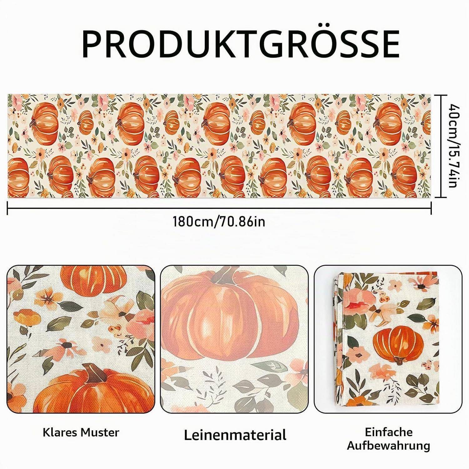 Produktgrößengrafik für einen Tischläufer mit Kürbismuster: 180 cm x 40 cm, mit Nahaufnahmen, die den klaren Druck, das Leinenmaterial und die einfache Lagerung zeigen.