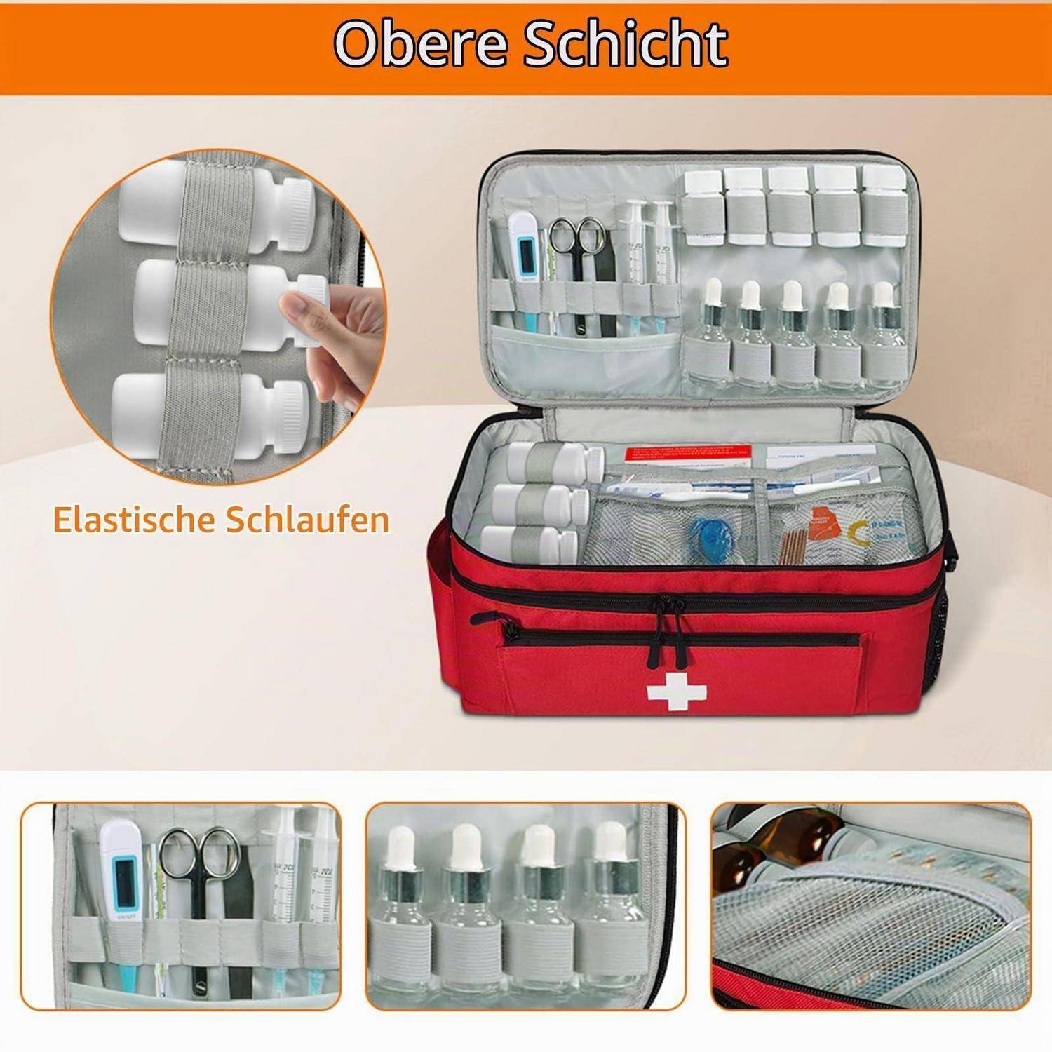 Rote medizinische Organizer-Tasche, offen, zeigt elastische Schlaufen, die Medikamentenflaschen und Werkzeuge halten, beschriftet mit „Obere Schicht" und „Elastische Schlaufen"".