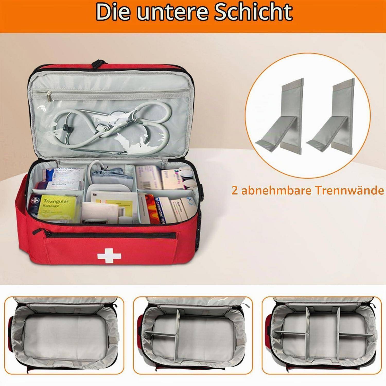 Offene rote medizinische Tasche mit organisierten Erste-Hilfe-Materialien; die Vergrößerung zeigt zwei abnehmbare Trennwände und Text „2 abnehmbare Trennwände" (2 abnehmbare Trennwände).