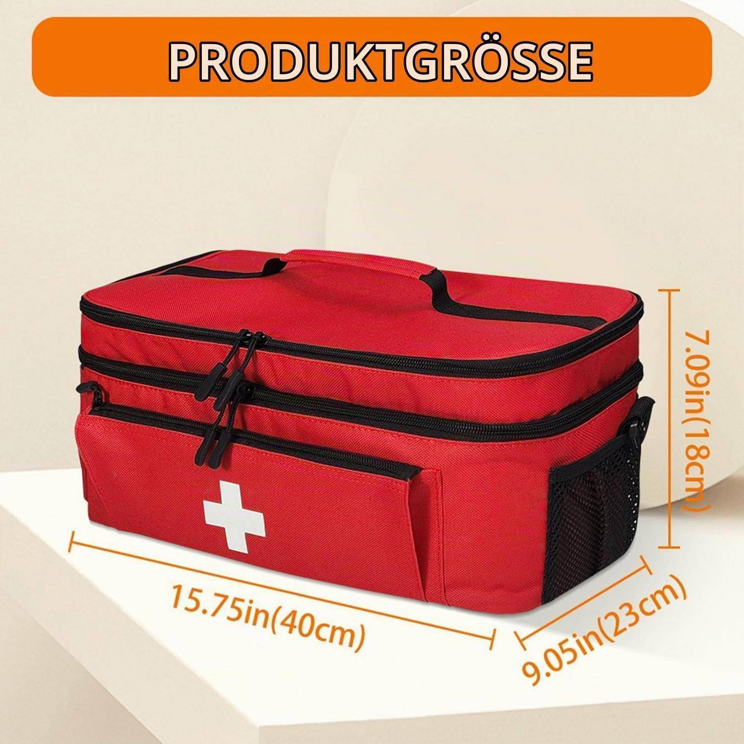 Rote Erste-Hilfe-Tasche mit der Bezeichnung „PRODUKTGRÖSSE" und den Abmessungen 15,75 x 9,05 x 7,09 Zoll (40 x 23 x 18 cm).