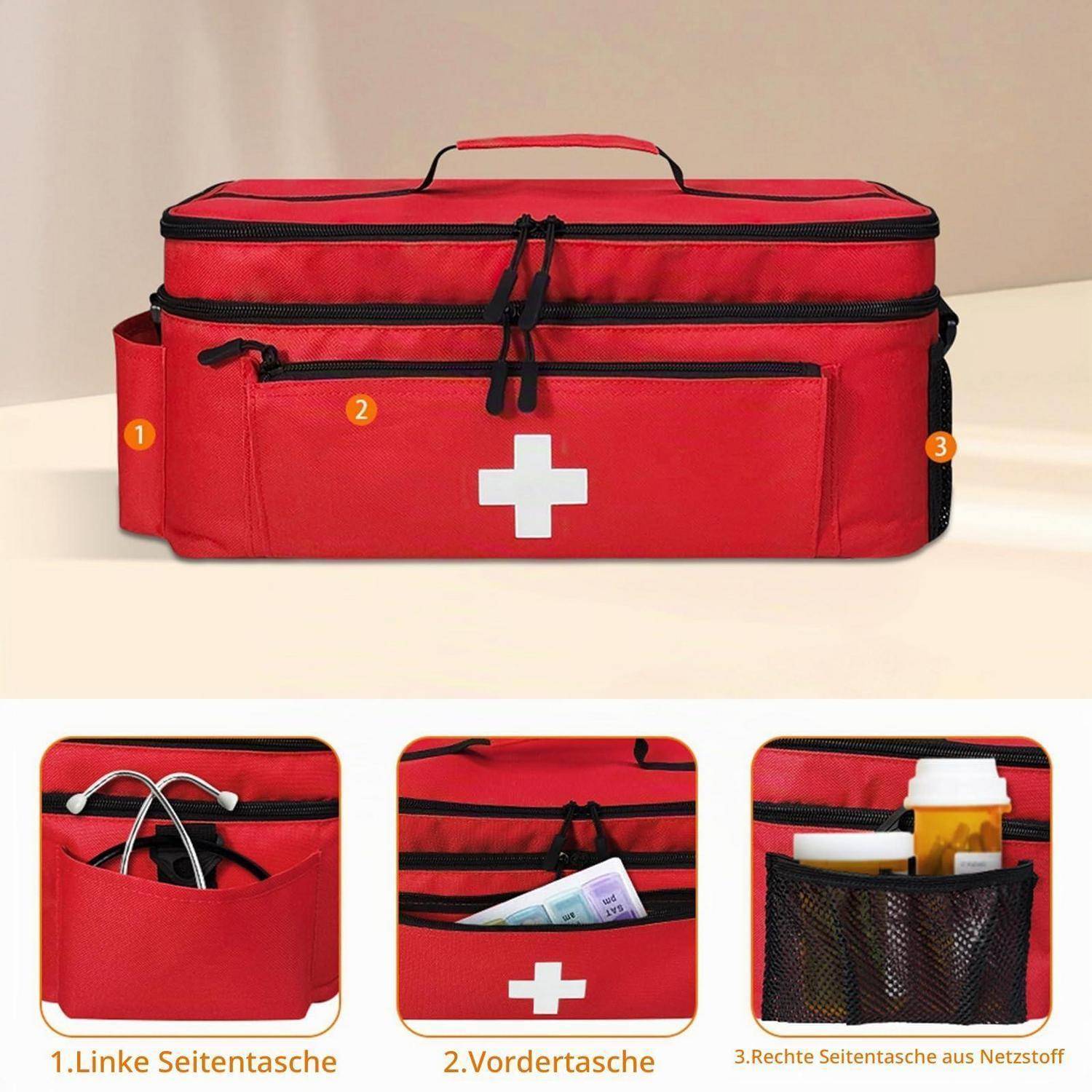 Rote Erste-Hilfe-Tasche mit weißem Kreuz und drei nummerierten Taschen; Einschubfotos zeigen die linke Seitentasche, die vordere Tasche und die rechte Netzseitentasche.