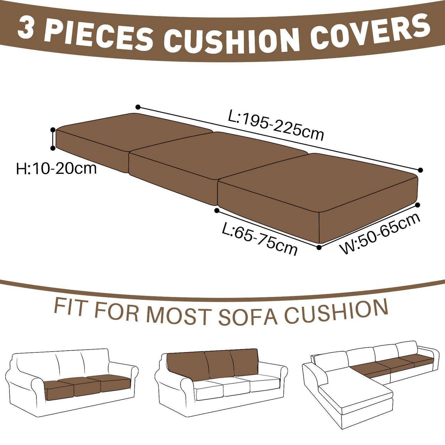 Diagramm von 3-teiligen Kissenbezügen mit Größen H 10-20 cm, L 195-225 cm, L 65-75 cm, B 50-65 cm; passt auf die meisten Sofakissen, einschließlich Ecksofa-Kissen.