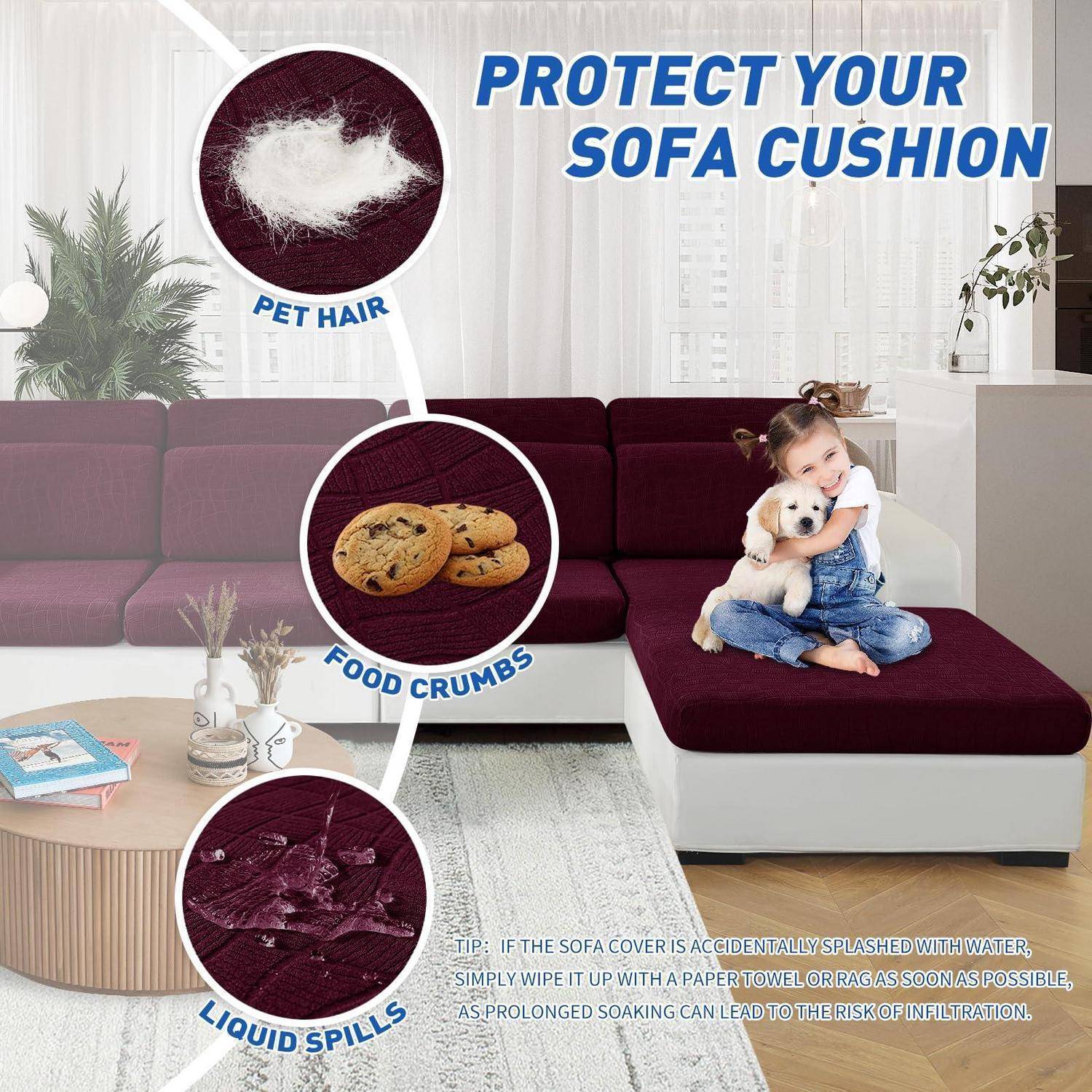 Werbebild eines burgunderfarbenen Sofas mit einem Kind, das einen Welpen umarmt, das den Schutz des Sofas vor Tierhaaren, Brotkrümeln und Flüssigkeitsverschüttungen hervorhebt.