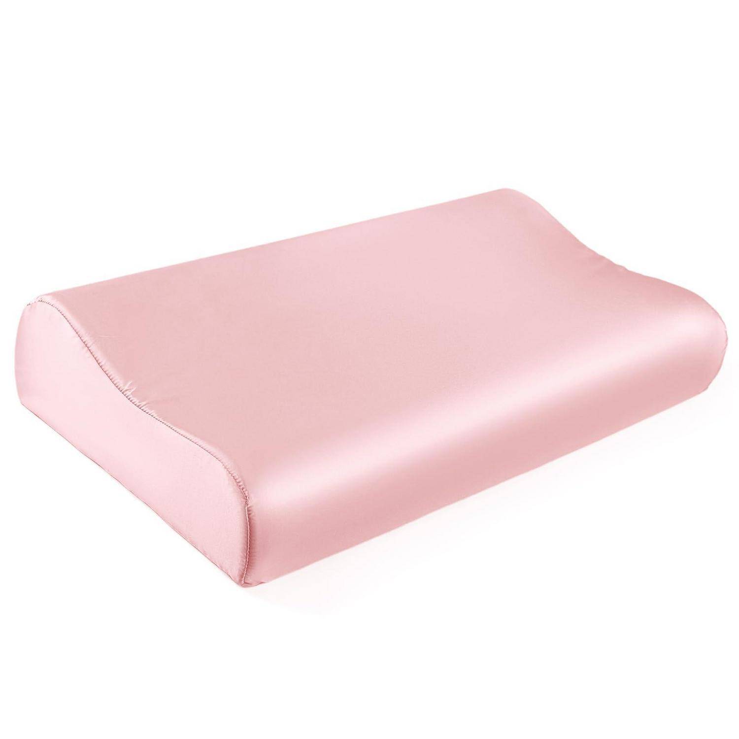 Rosa Schaumstoff-Stützkissen mit Kontur und ergonomischer Kurvenform auf weißem Hintergrund.