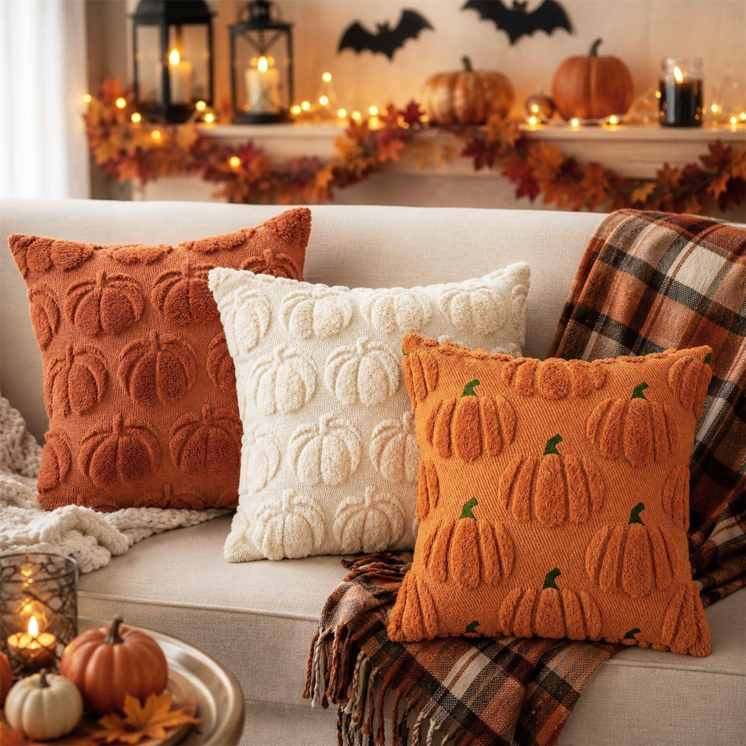 Kürbis-themed Wurfkissen auf einem Sofa mit Herbstdekoration, Kerzen und Kürbissen in einem gemütlichen Herbst-Wohnzimmer.